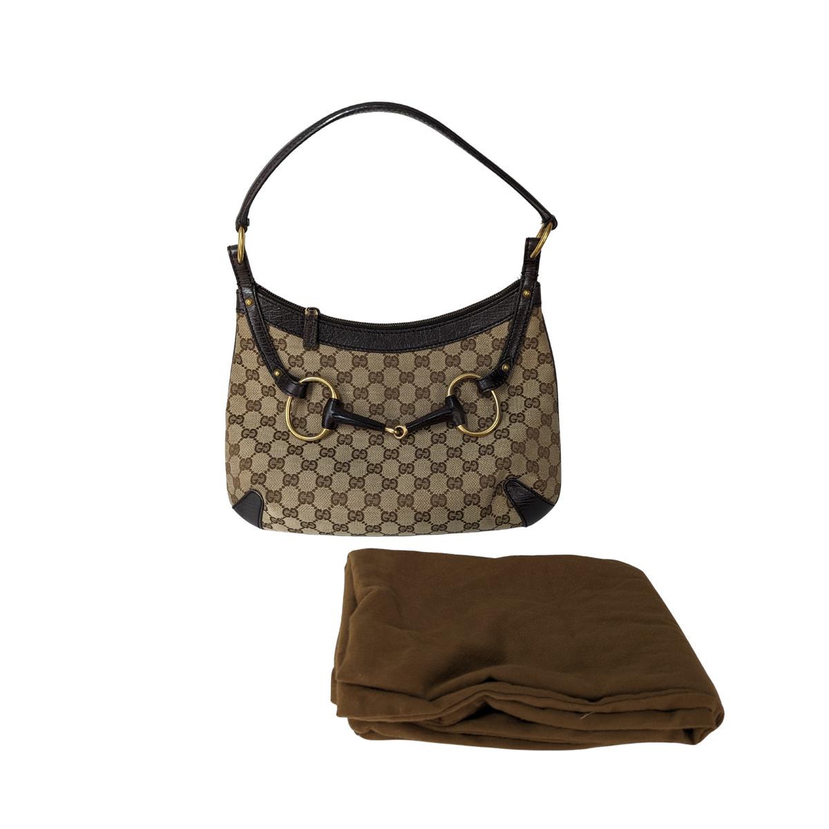 GUCCI Horsebit canvas and leather handbag Brown