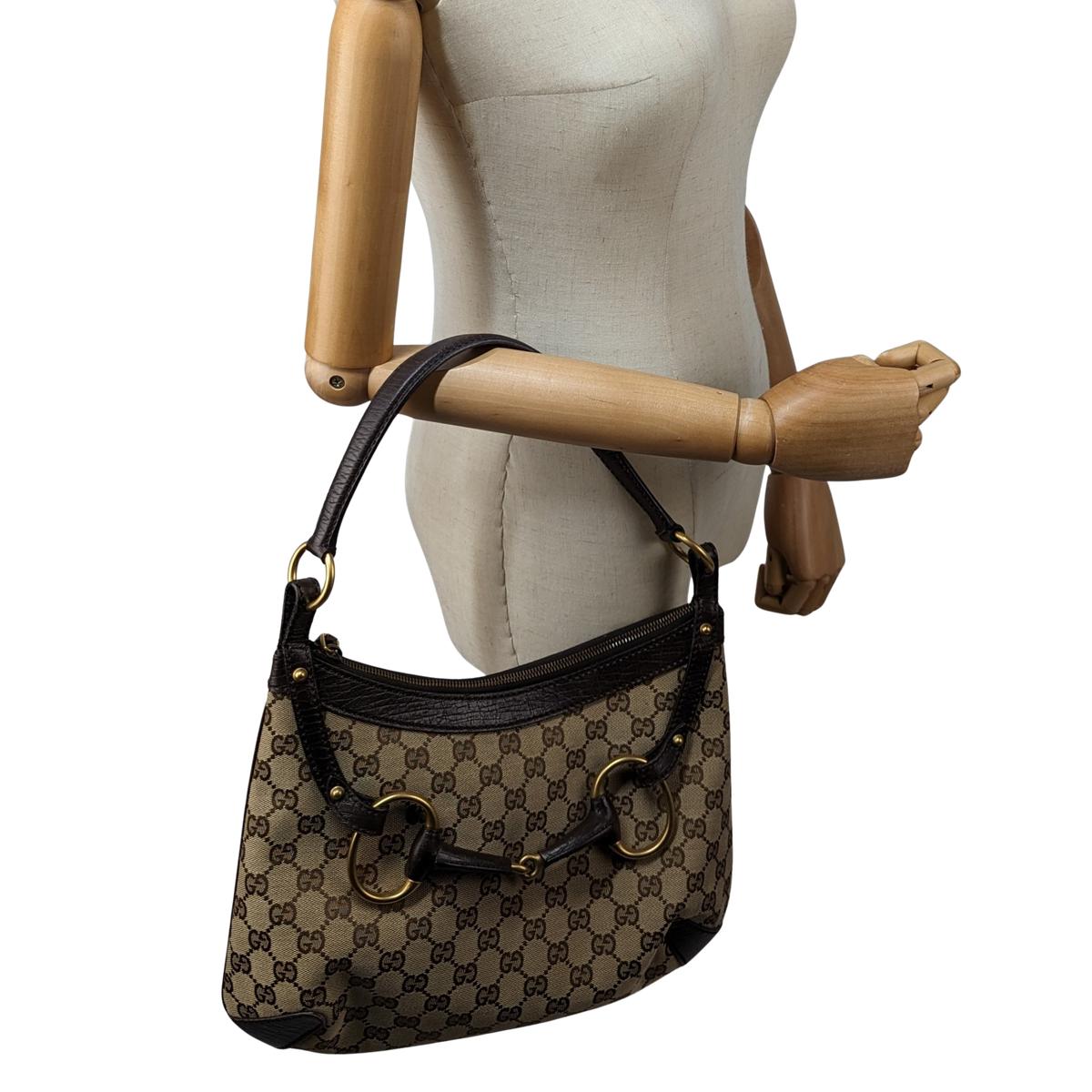 GUCCI Horsebit canvas and leather handbag Brown
