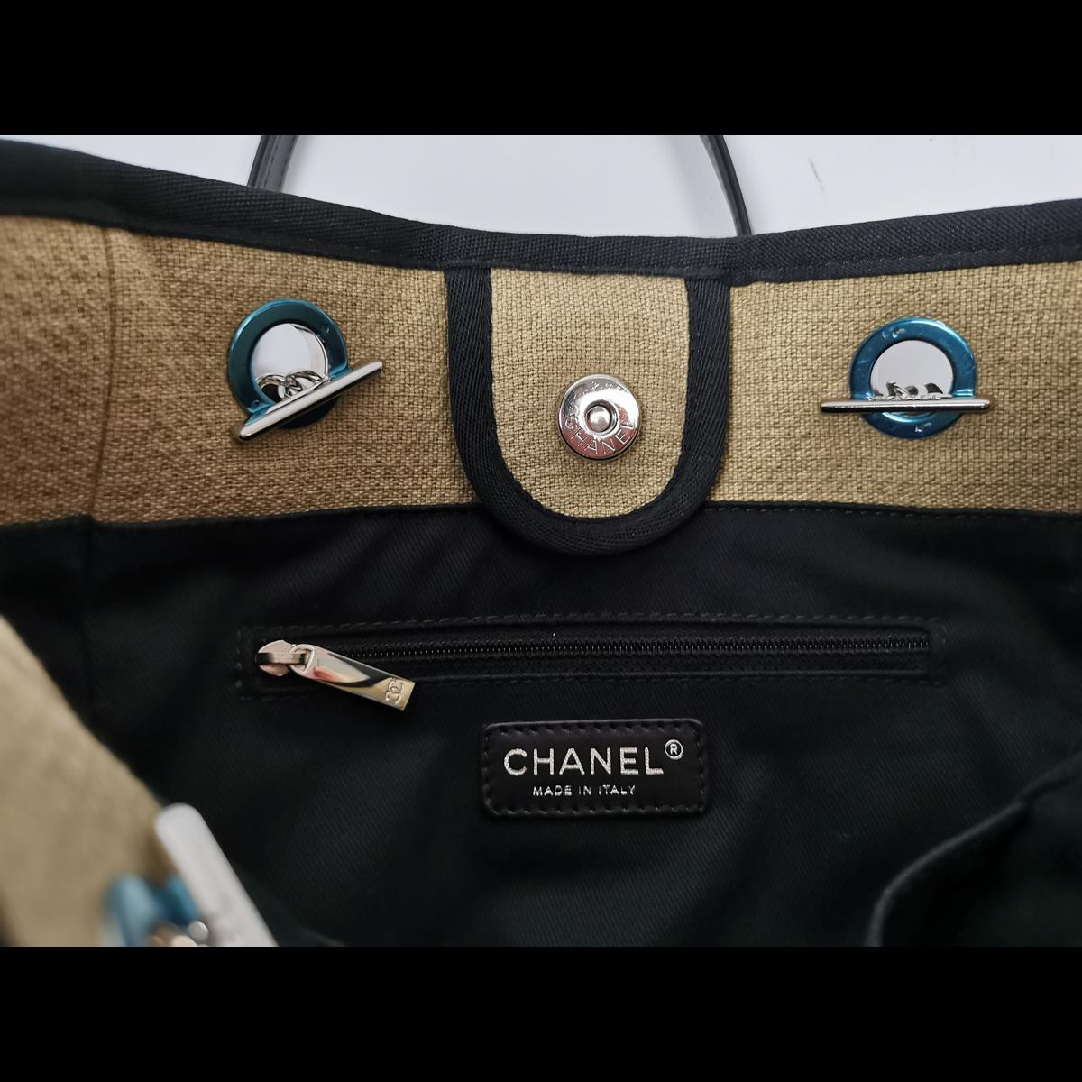 Sac à main CHANEL Deauville PM toile et cuir Beige