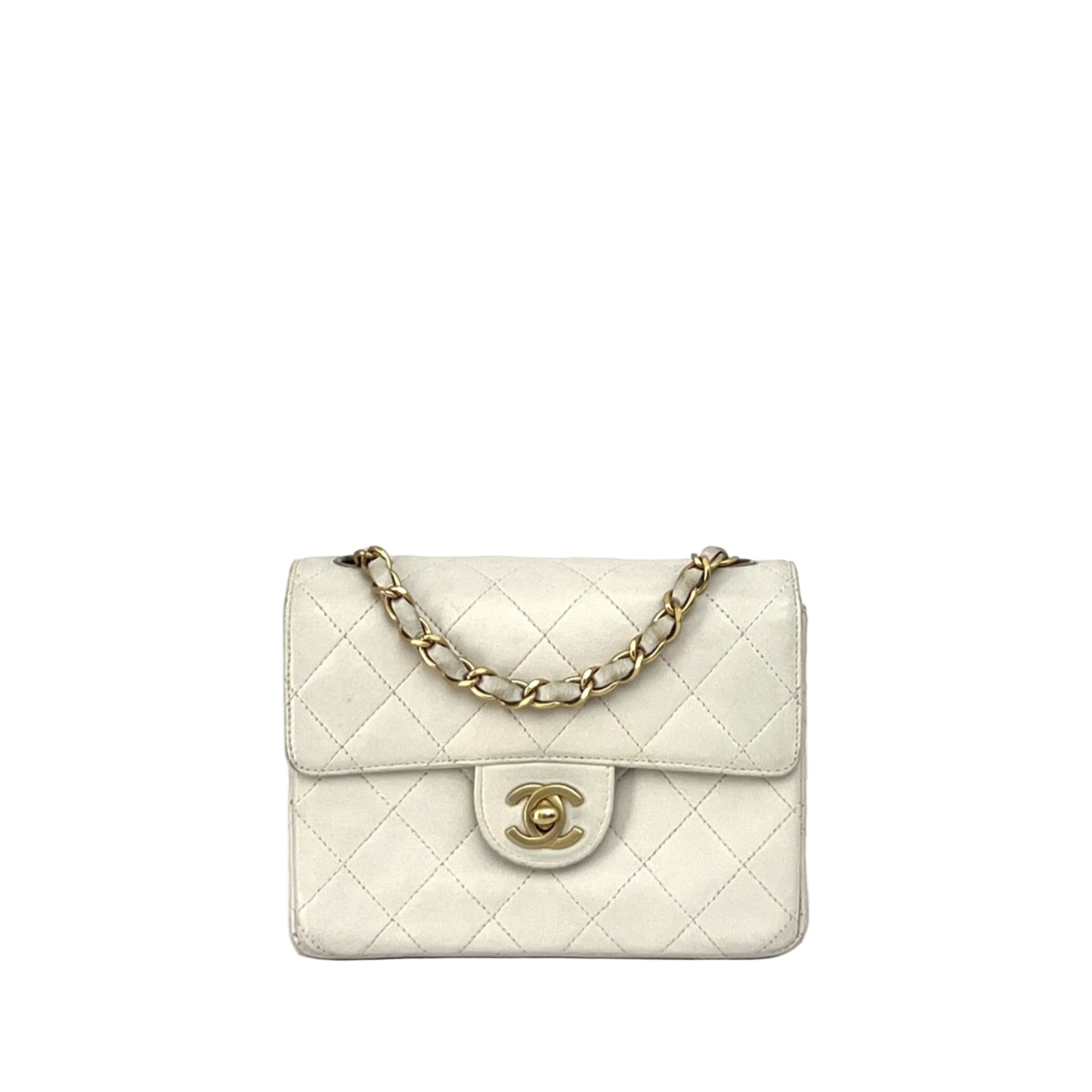 Sac à bandoulière CHANEL Classique Mini Square Flap cuir d'agneau blanc
