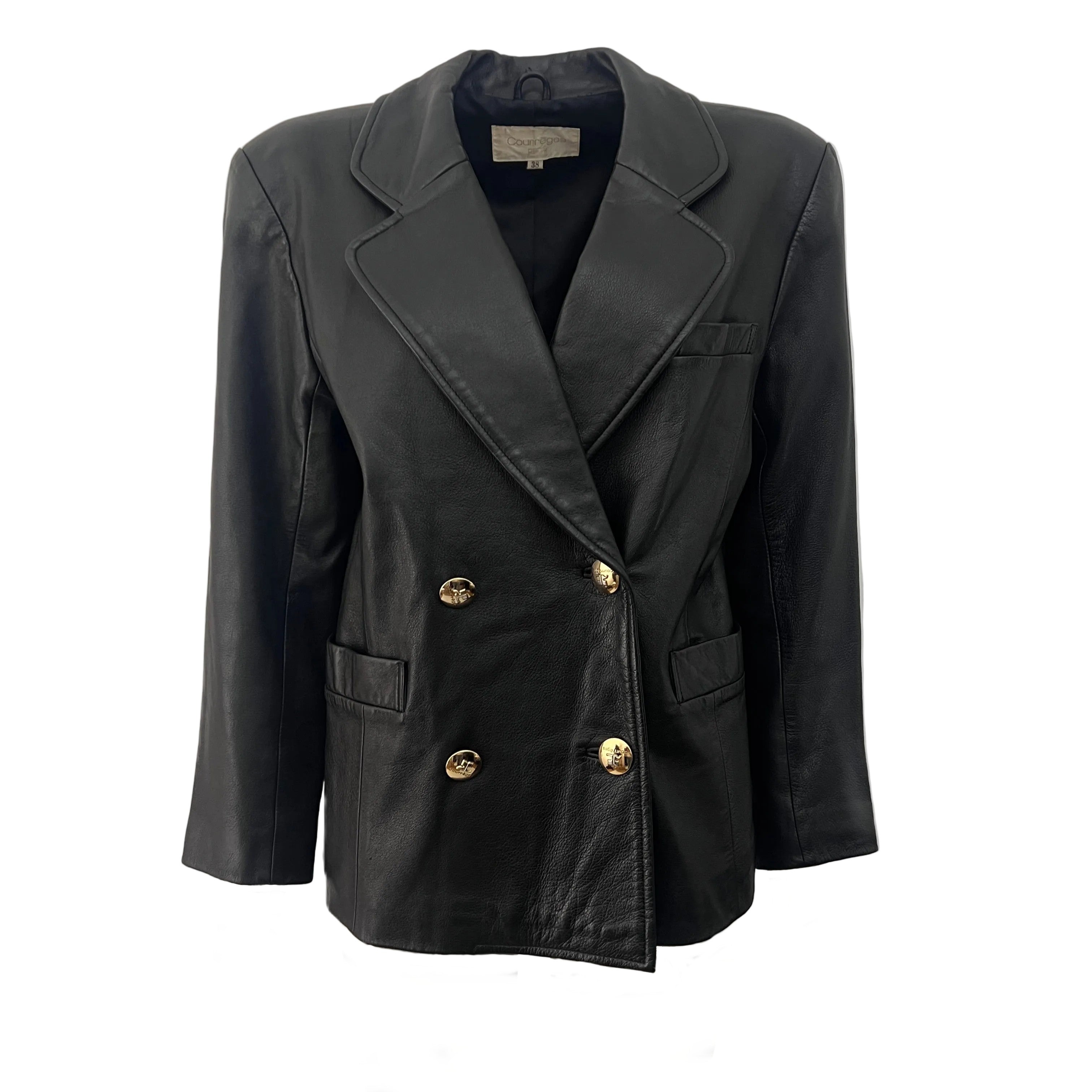Veste COURRÈGES en cuir noir souple à coupe croisée vintage circa 1990