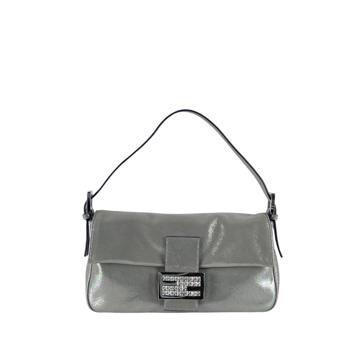 Sac à main FENDI Mamma Baguette cuir argenté