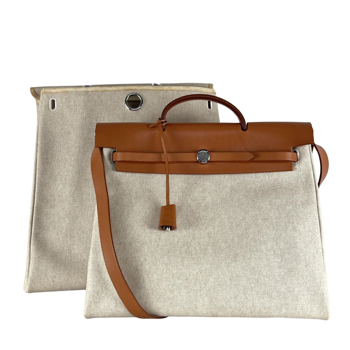 Sac à main HERMES Herbag toile et cuir marron