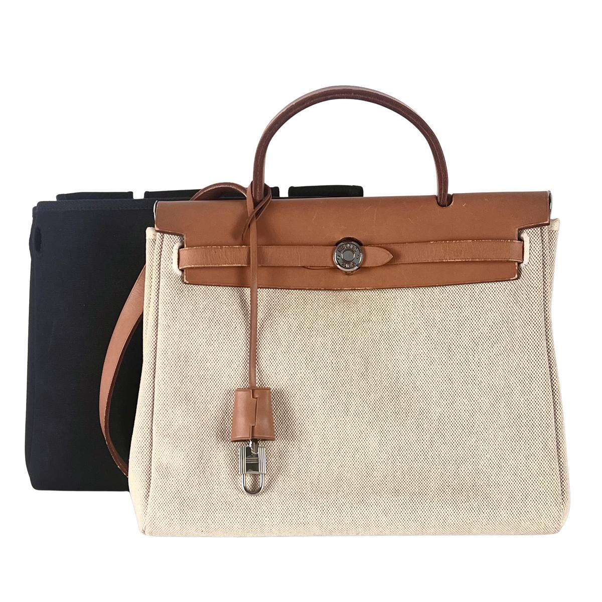 Sac à main HERMES Herbag toile et cuir marron