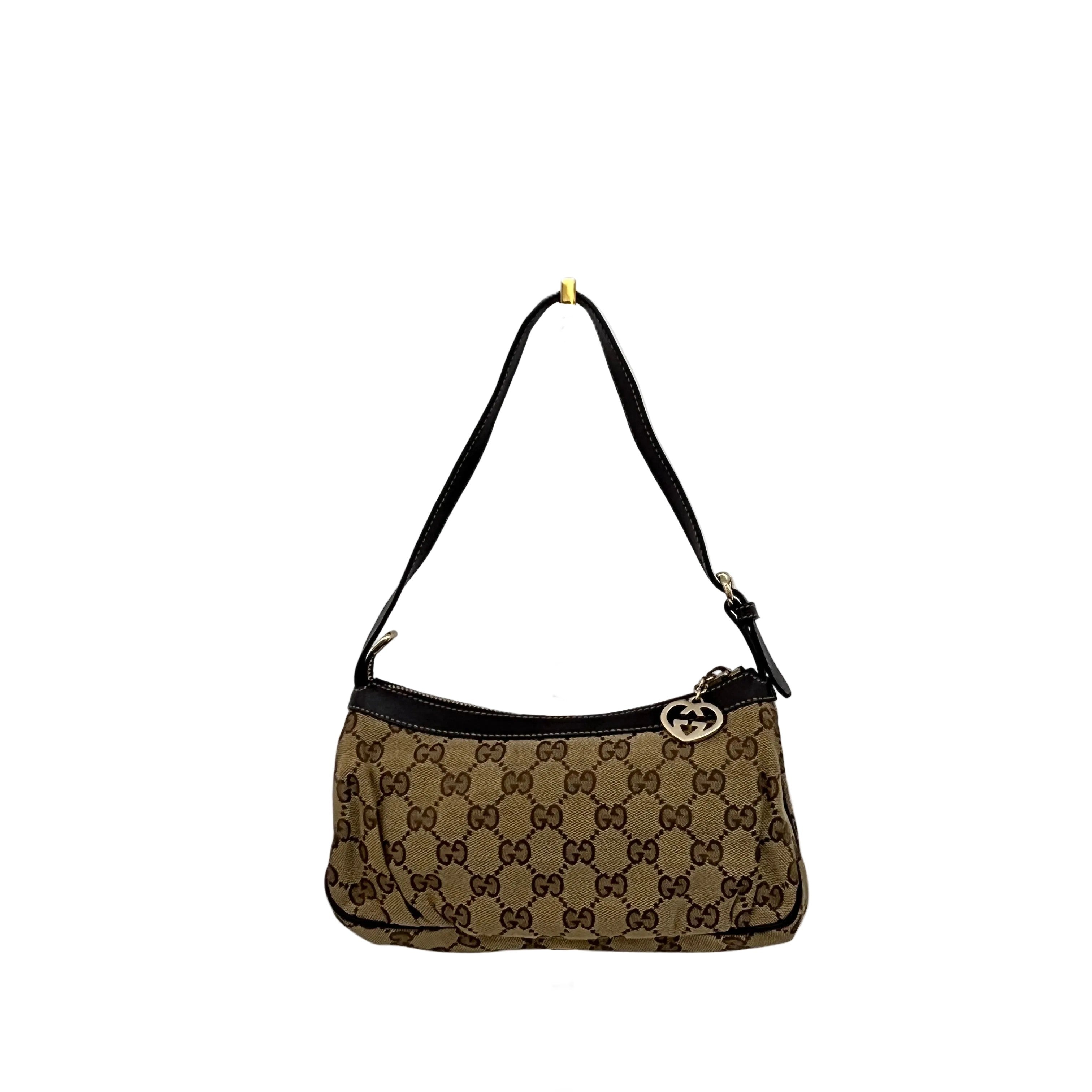 Sac GUCCI GG Heart Charm toile et cuir marron