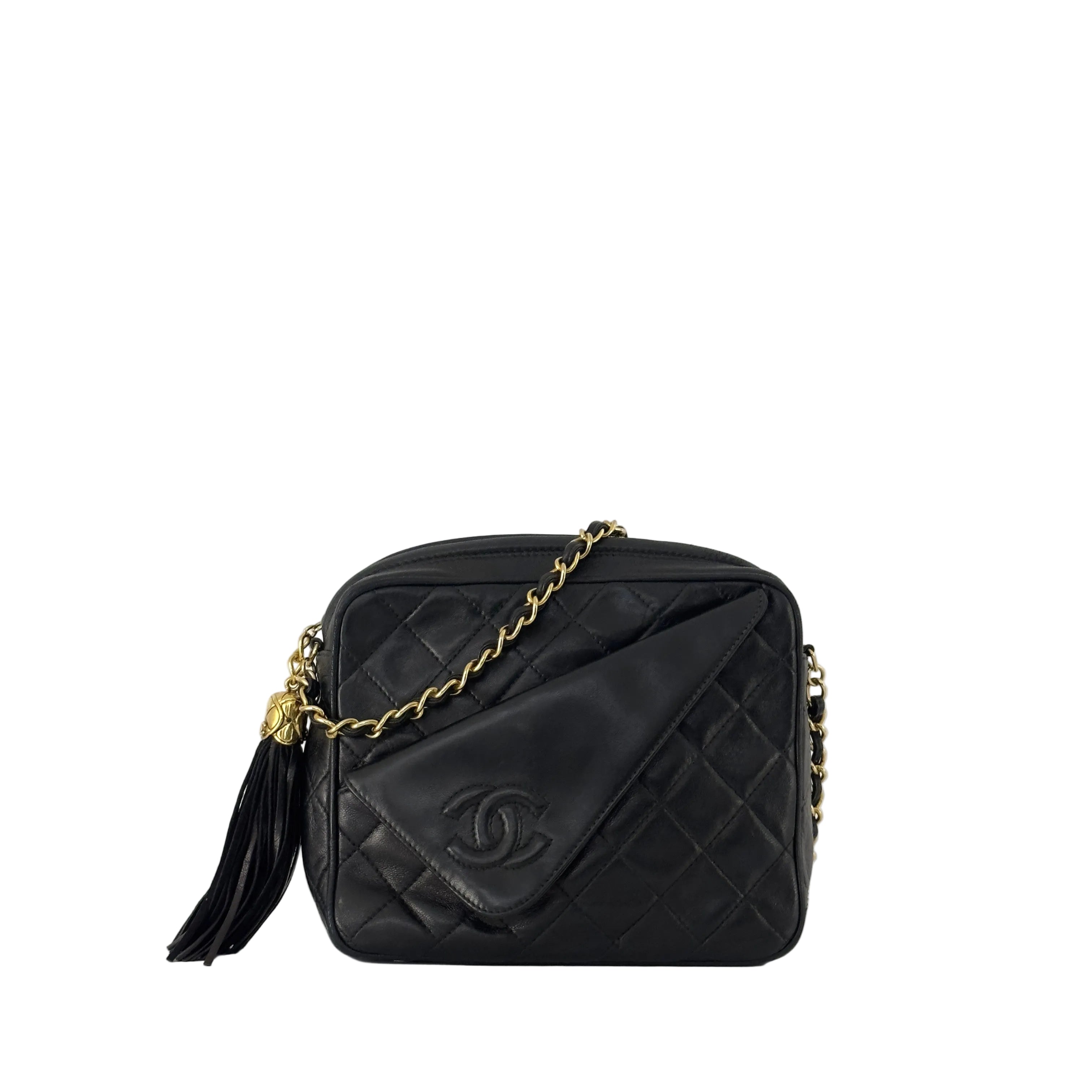 Sac à main CHANEL Camera Chain cuir d'agneau noir