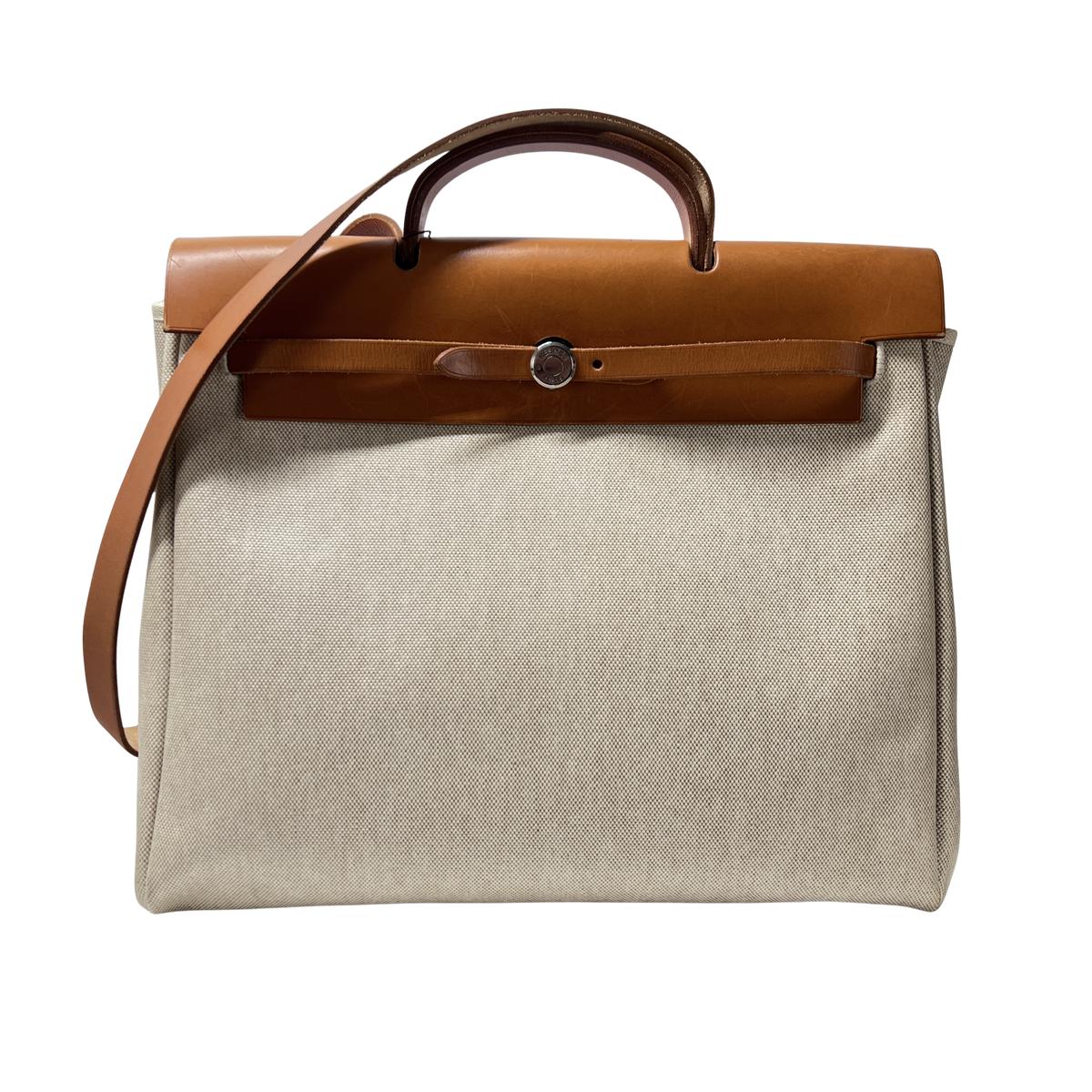 Sac à main HERMES Herbag toile et cuir beige