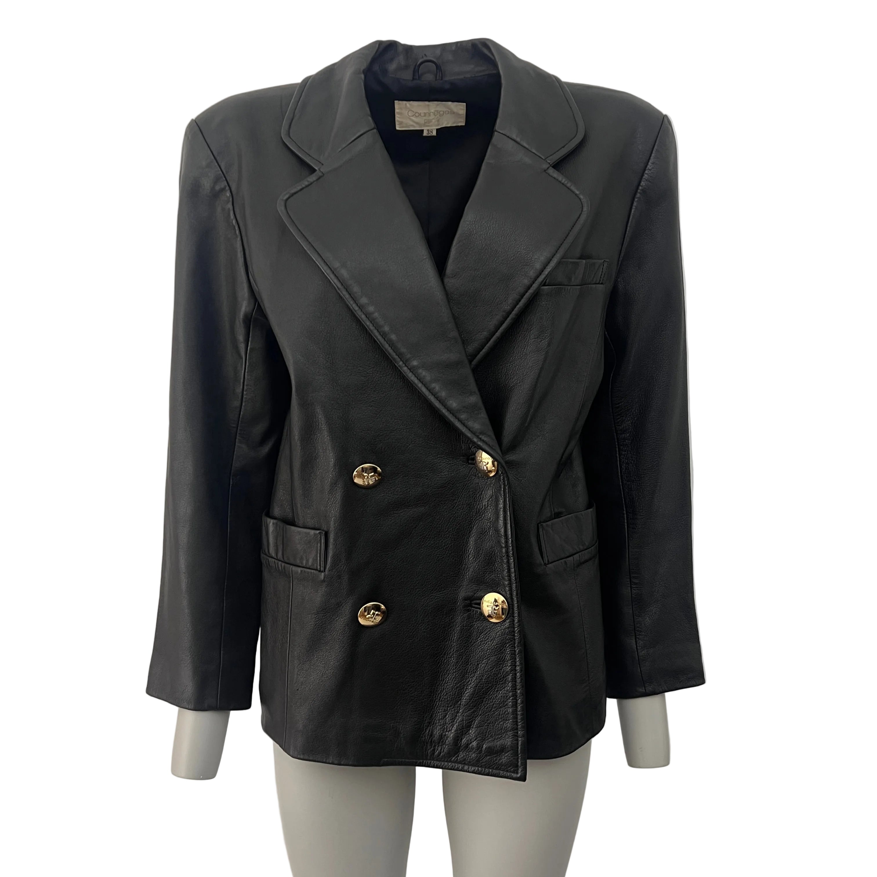Veste COURRÈGES en cuir noir souple à coupe croisée vintage circa 1990