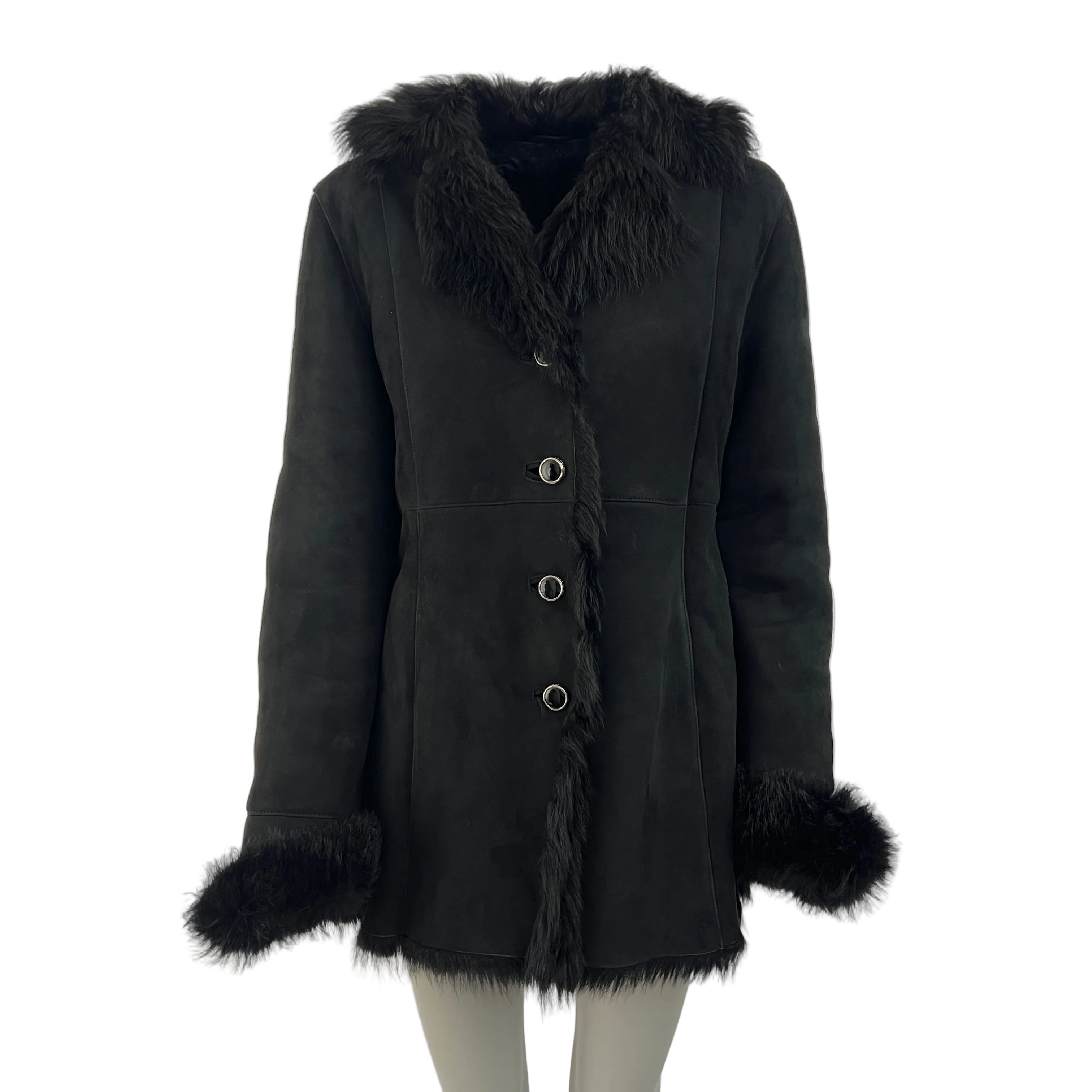 Manteau COURRÈGES en daim noir et fourrure synthétique vintage circa 1990
