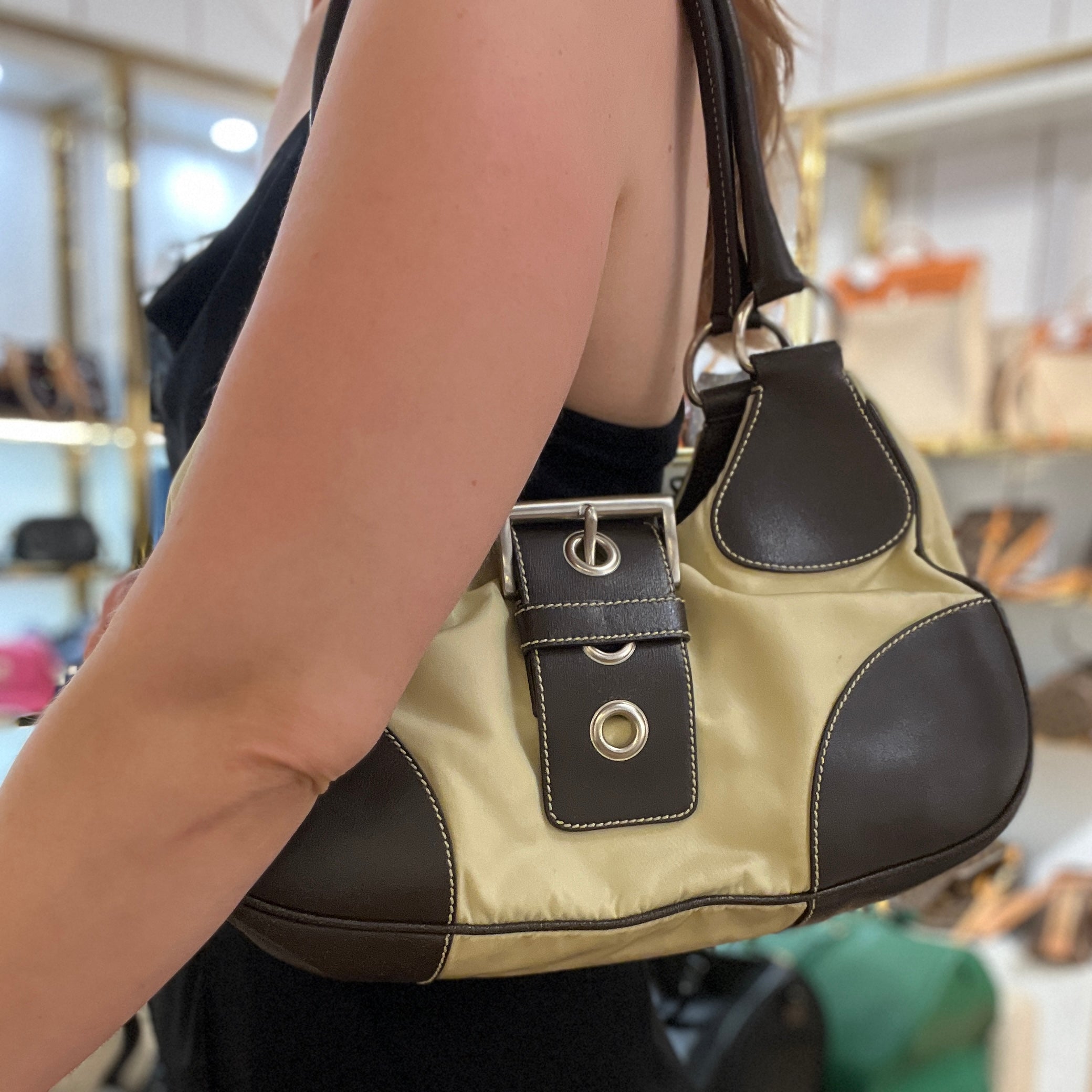 Sac à main PRADA Hobo toile et cuir marron