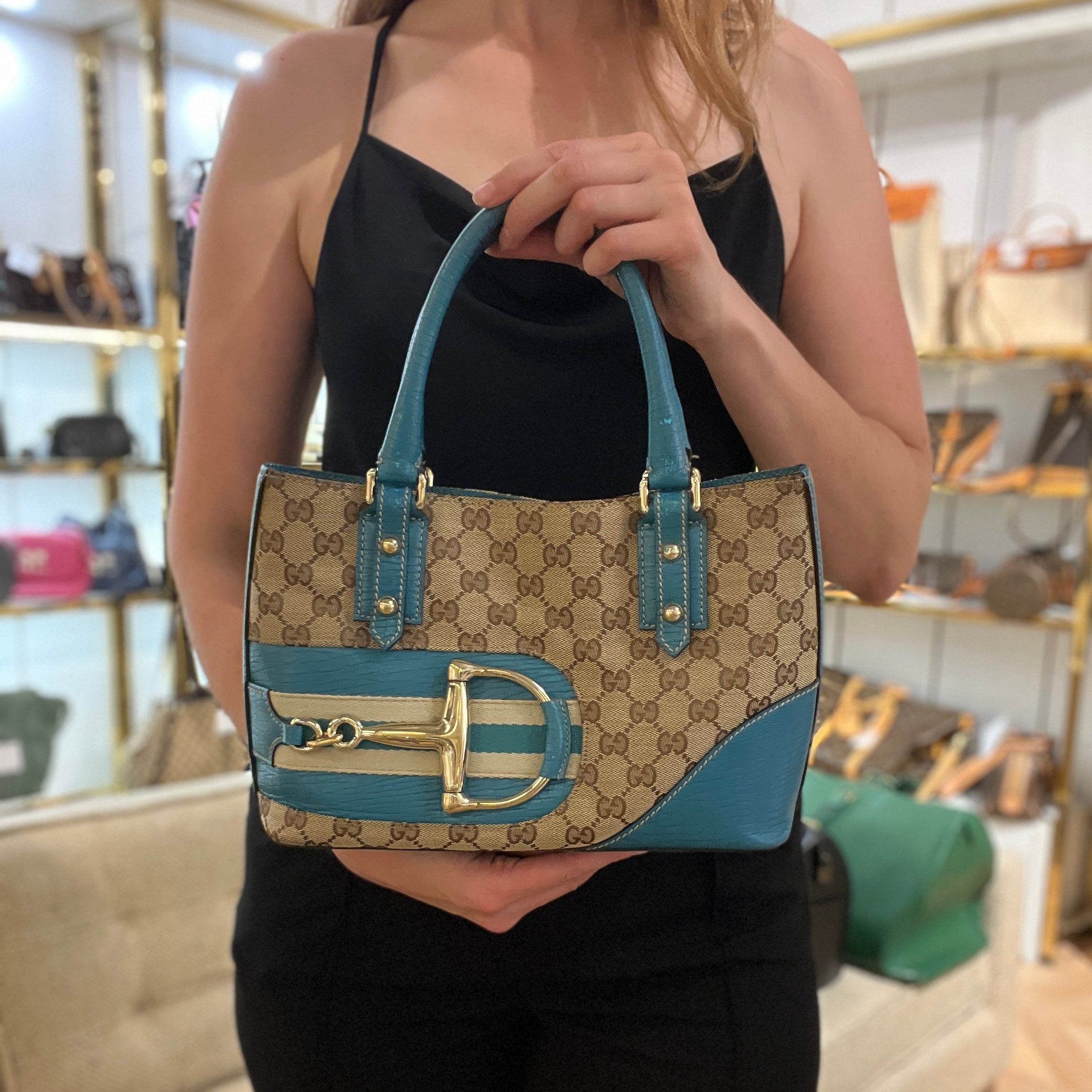 Sac à main GUCCI Horsebit toile et cuir bleu