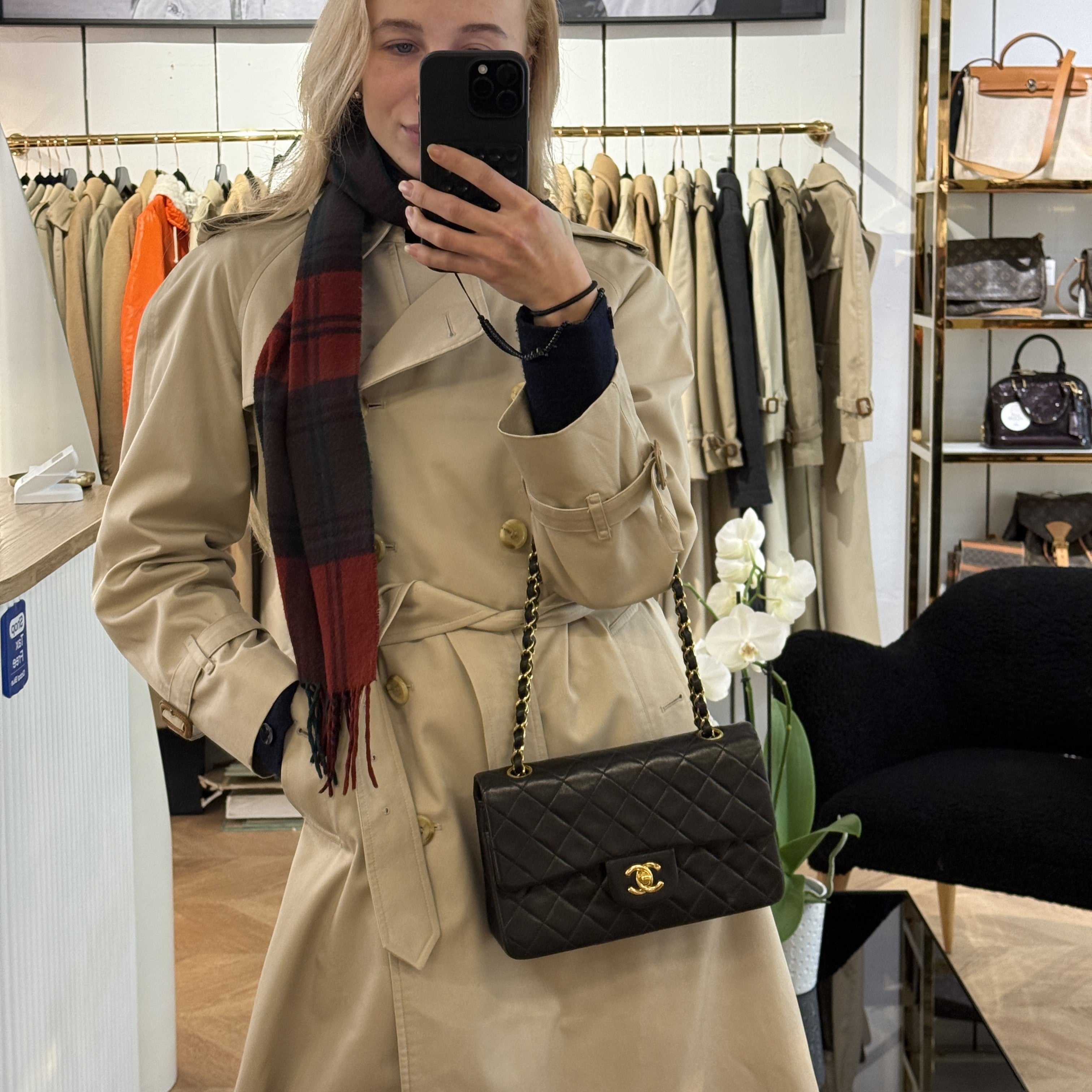 CHANEL Timeless Classique Small Double Flap Handbag in black lambskin leather