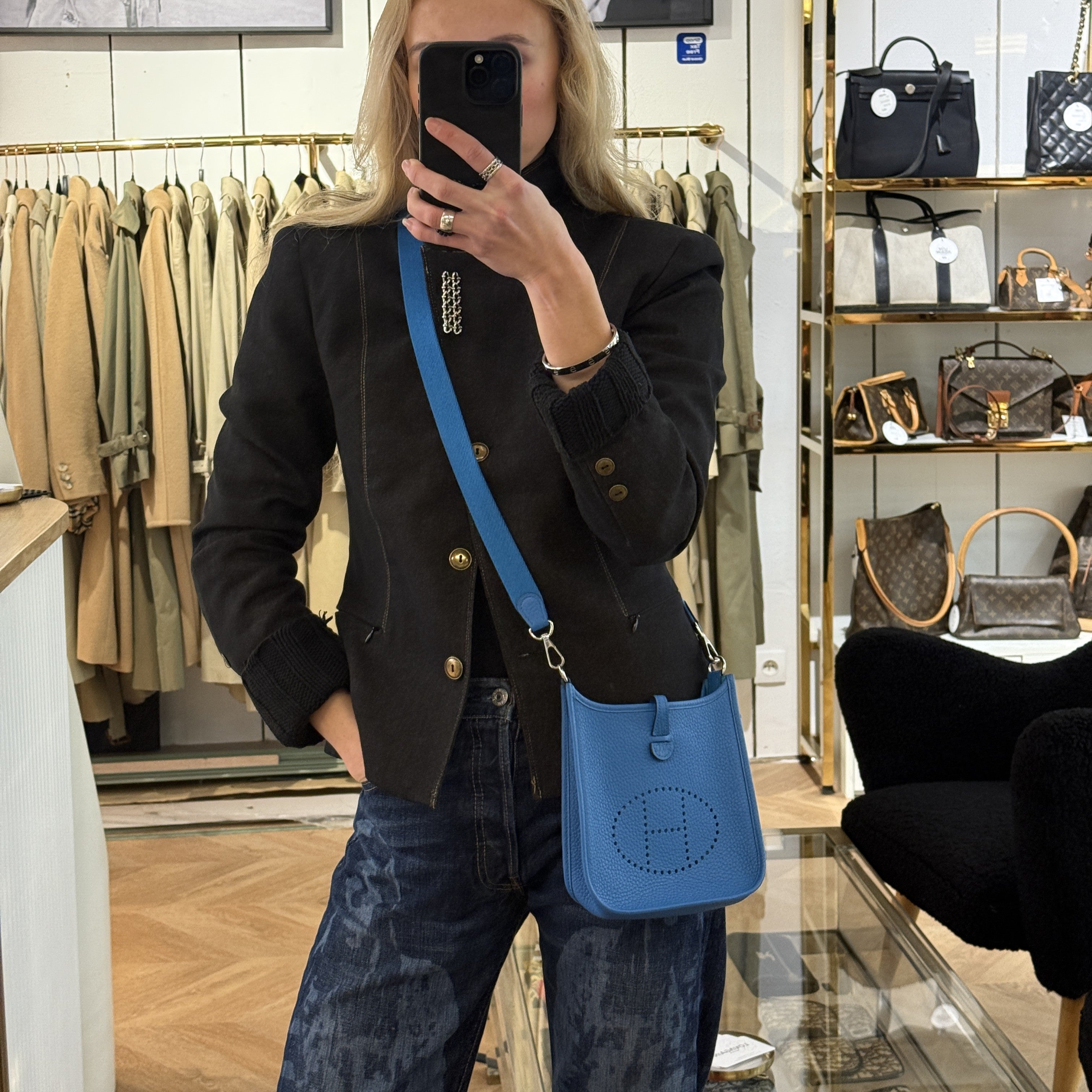 Sac à main HERMÈS Evelyne TPM (Mini) cuir clémence bleu