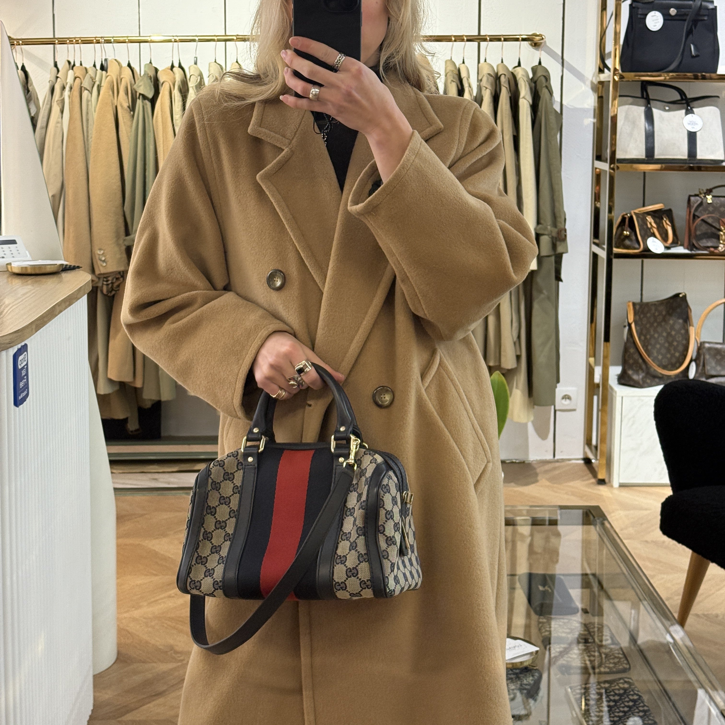 Sac à main GUCCI Boston Small toile et cuir bleu nuit