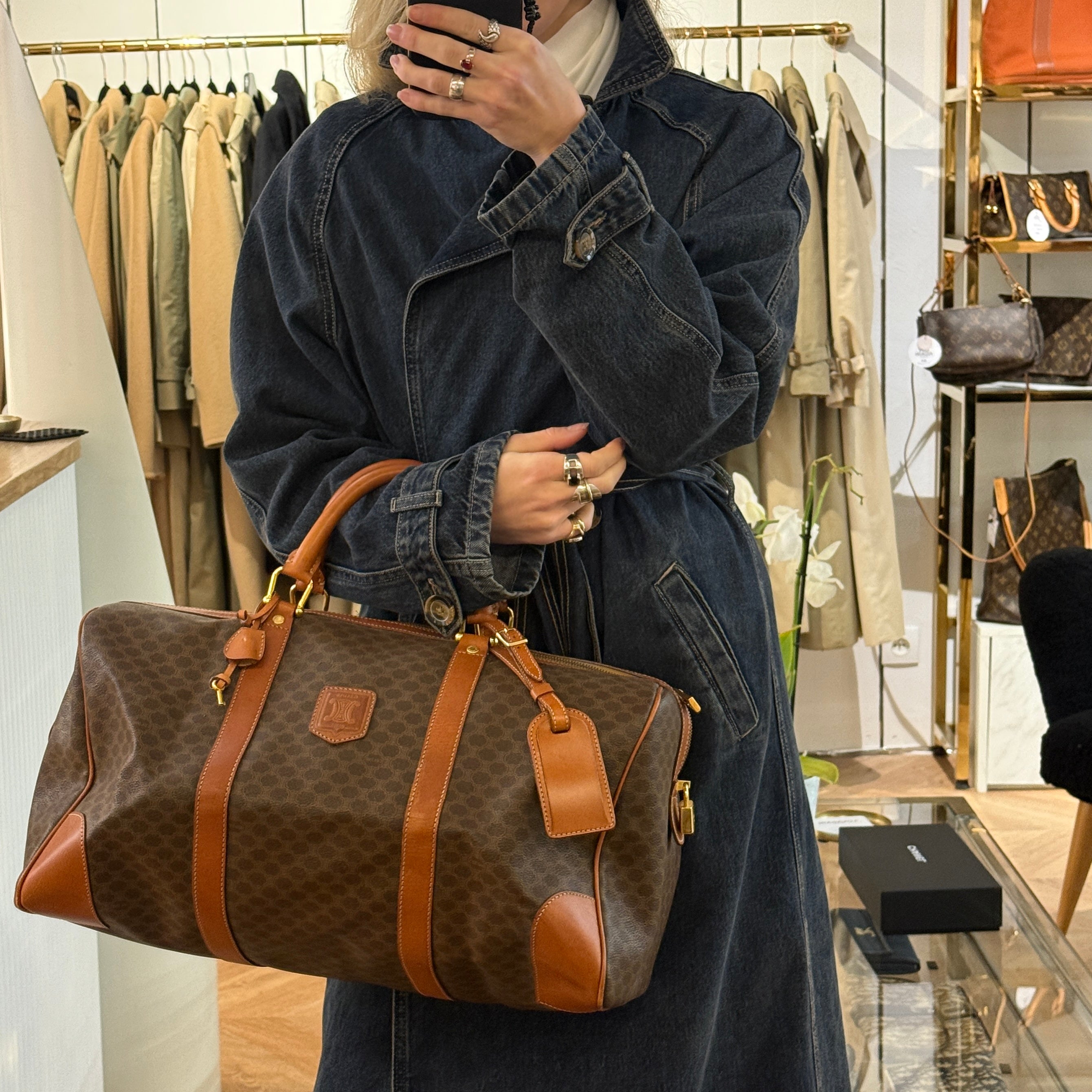 CELINE Boston canvas and brown leather handbag