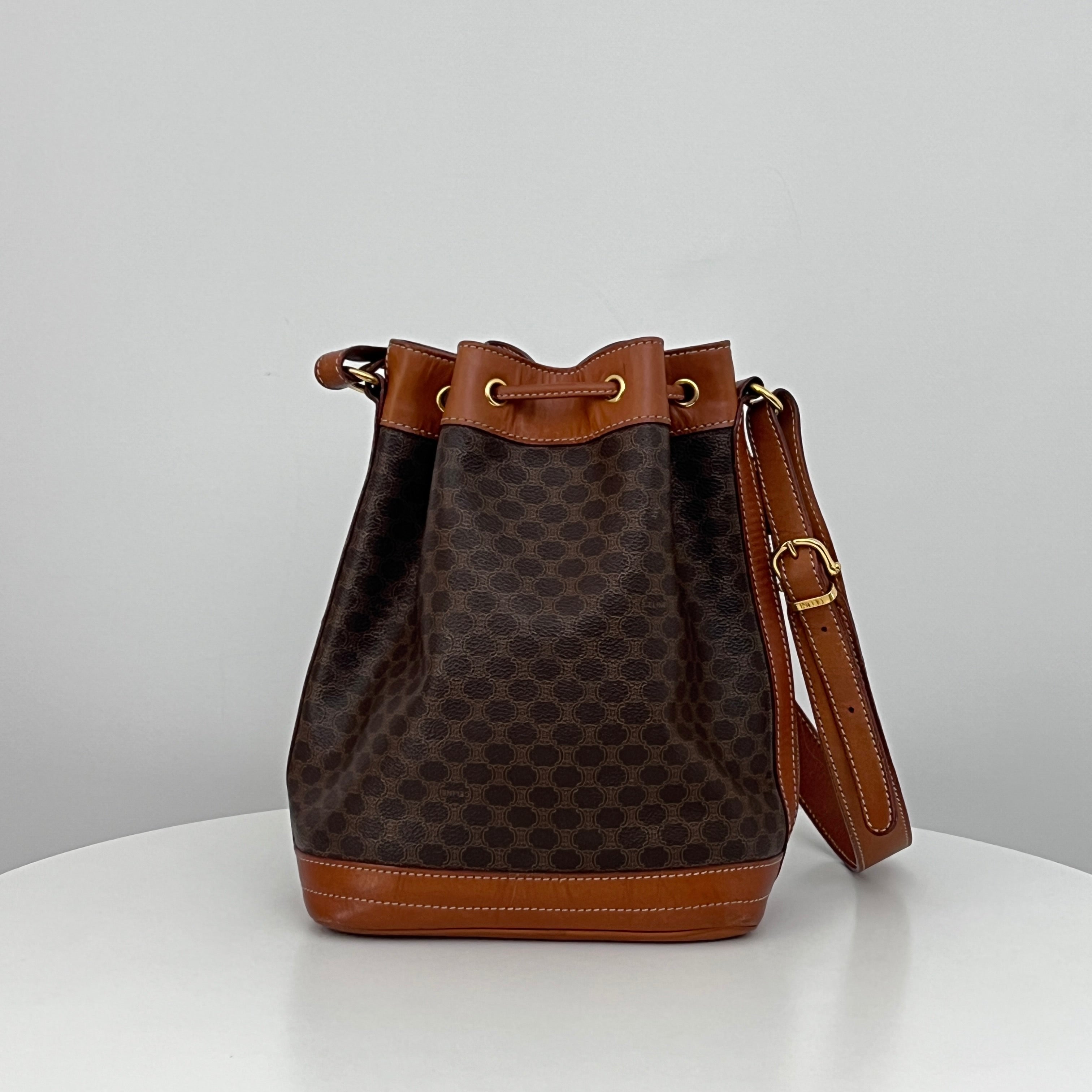CELINE Small Bucket Shoulder Bag in Brown Canvas and Leather