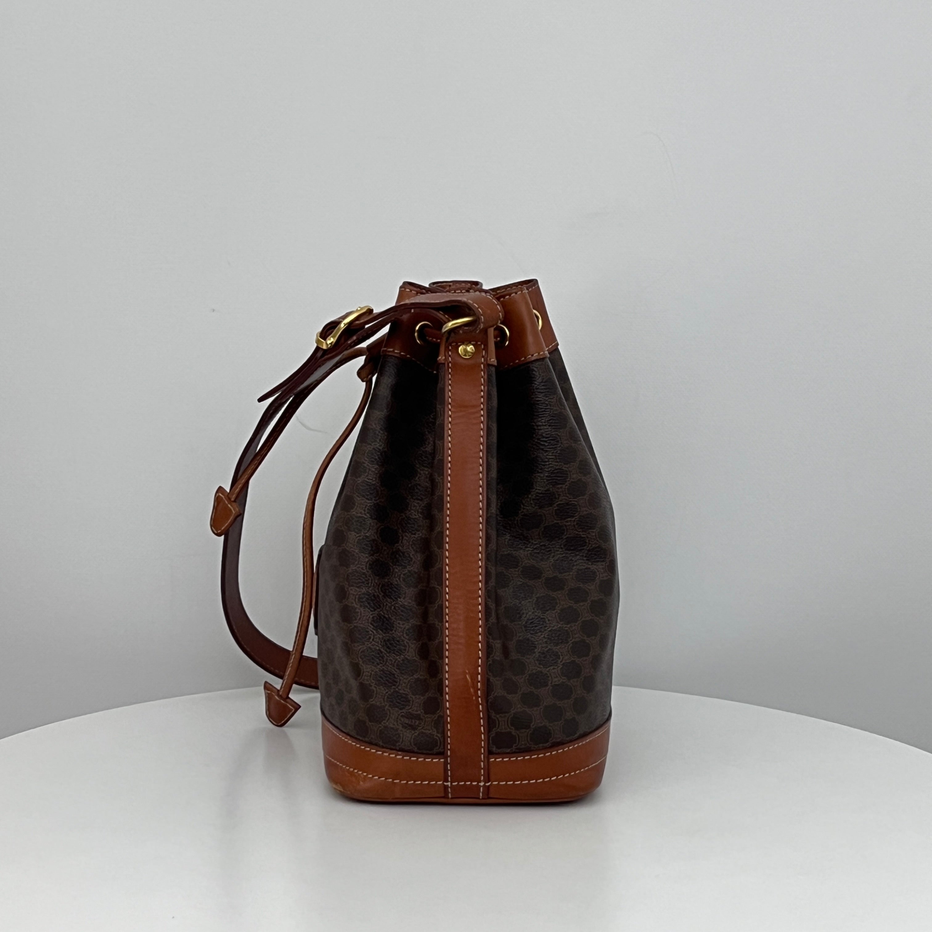 CELINE Small Bucket Shoulder Bag in Brown Canvas and Leather
