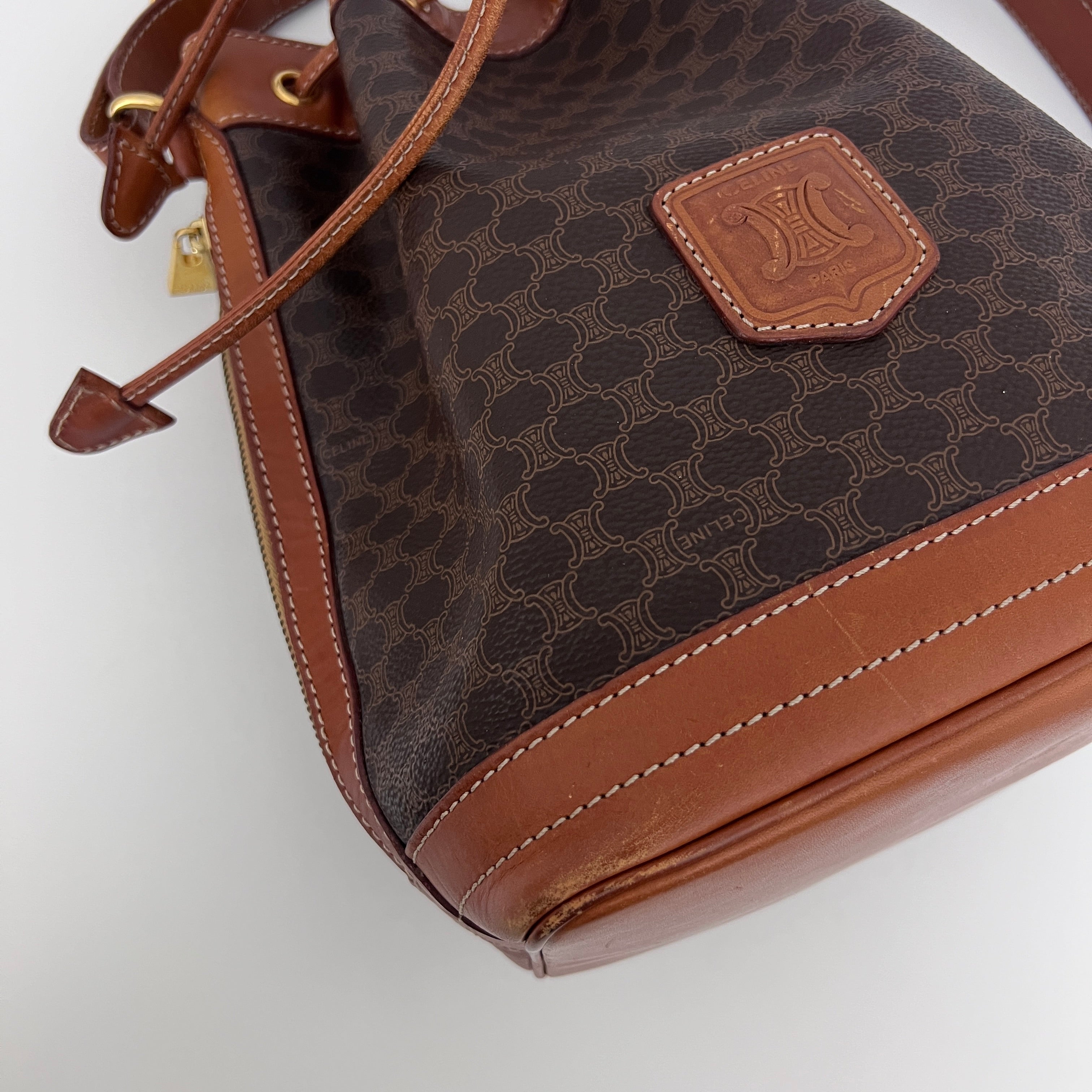 CELINE Small Bucket Shoulder Bag in Brown Canvas and Leather