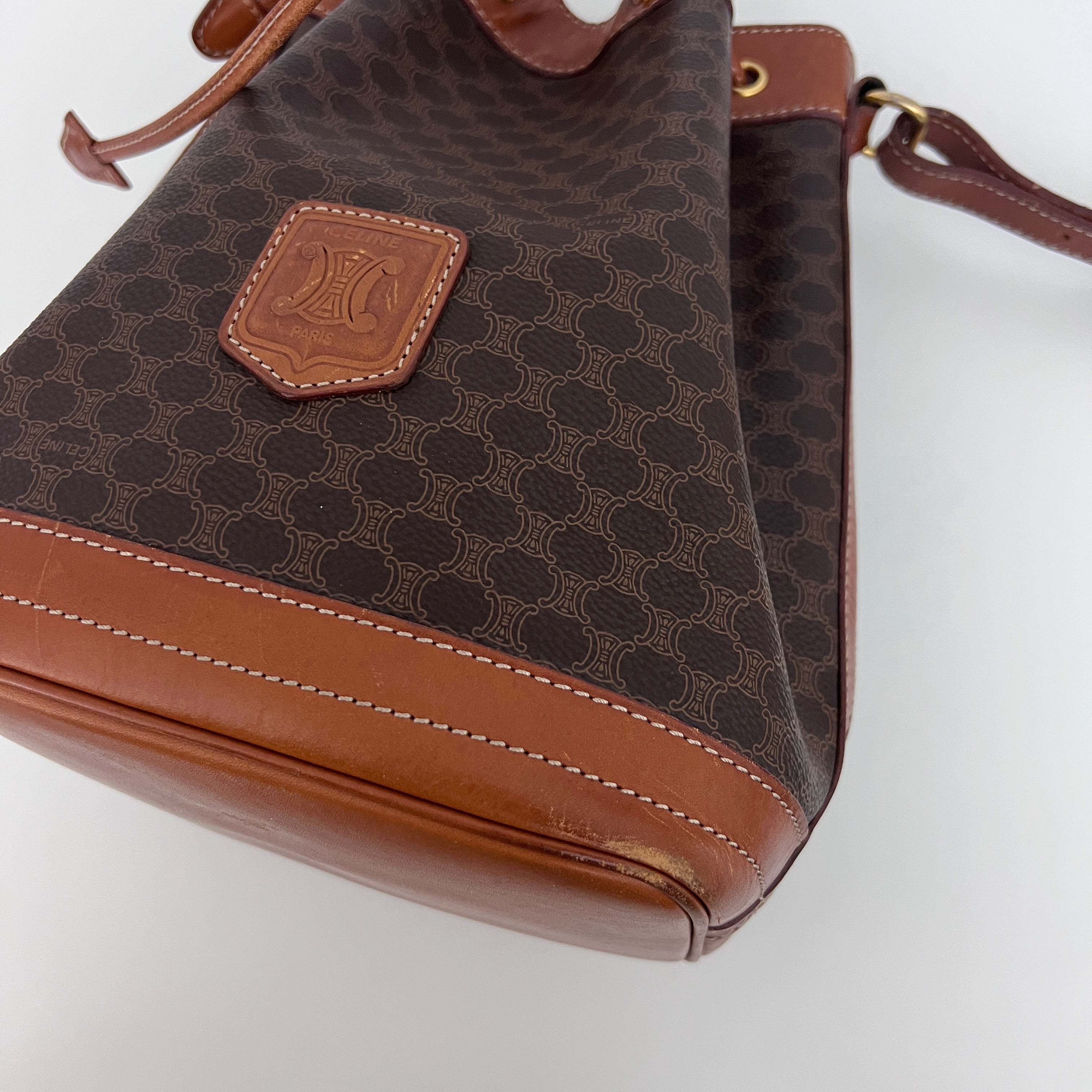 CELINE Small Bucket Shoulder Bag in Brown Canvas and Leather