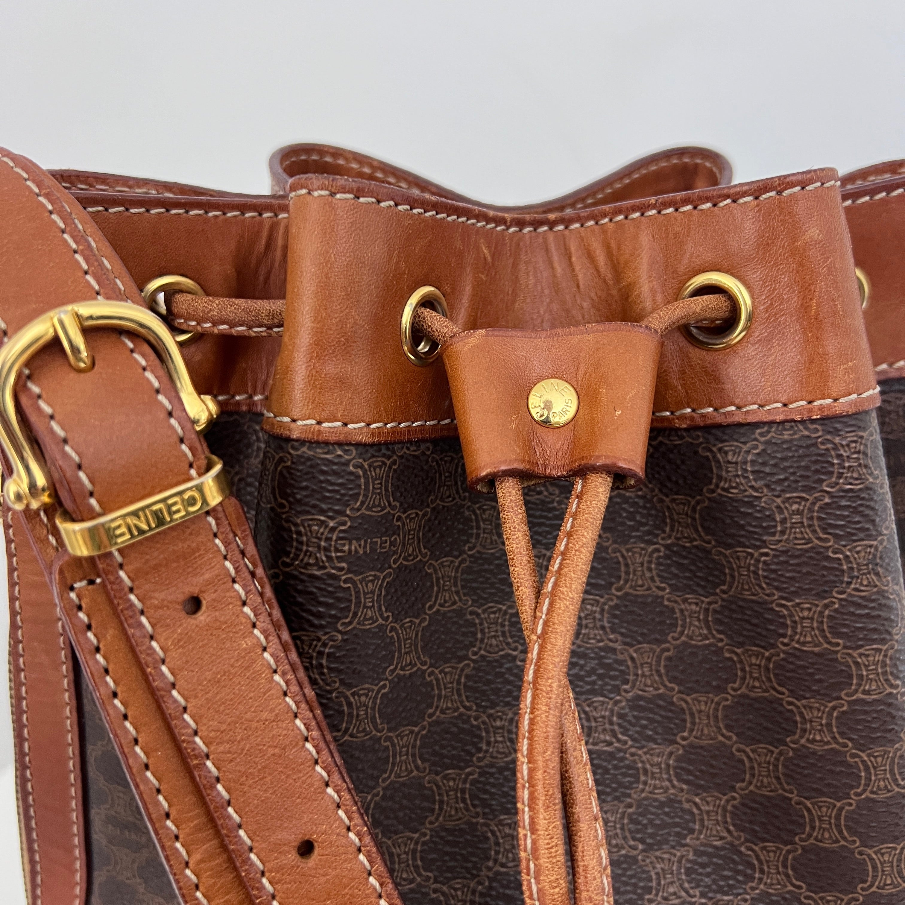 CELINE Small Bucket Shoulder Bag in Brown Canvas and Leather