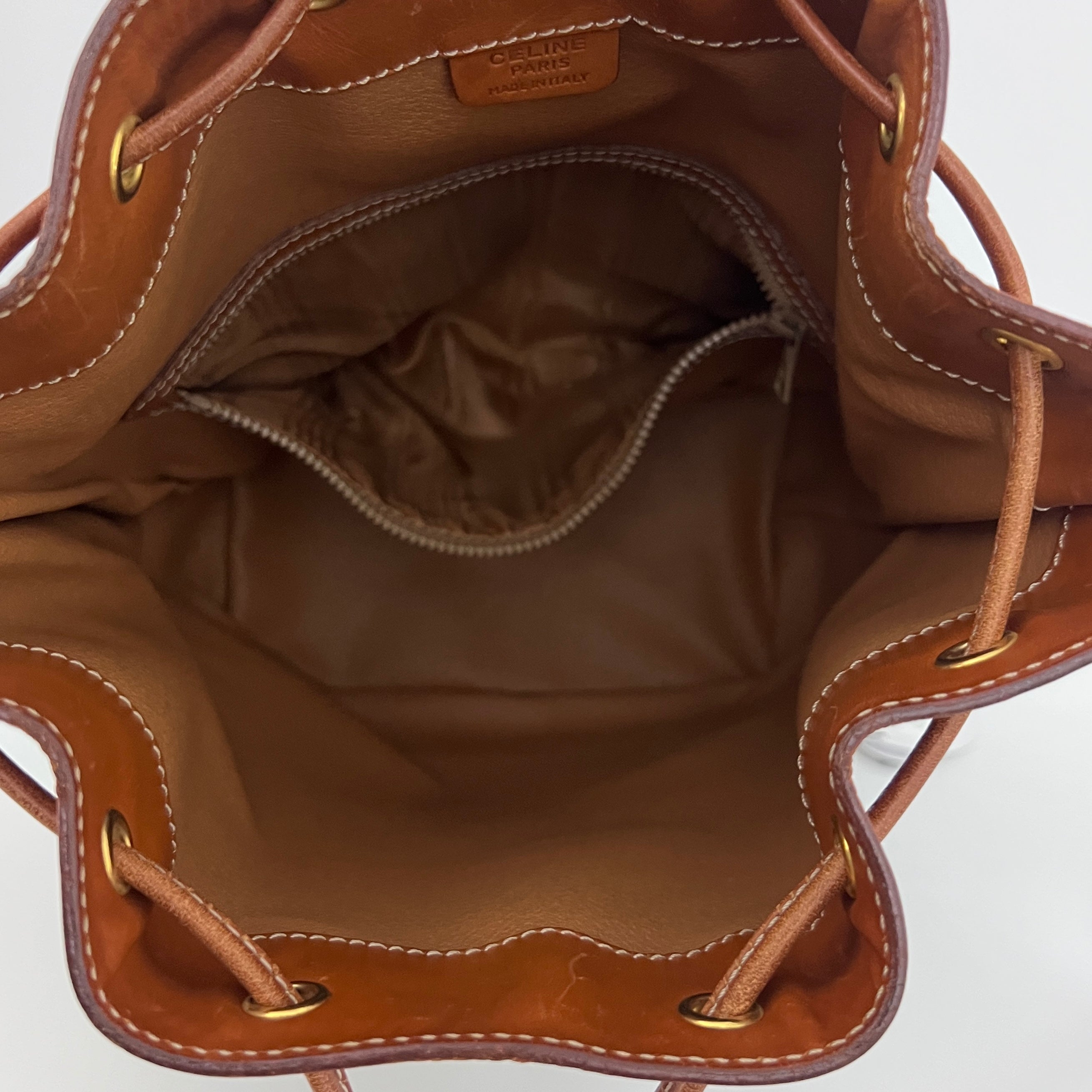 CELINE Small Bucket Shoulder Bag in Brown Canvas and Leather