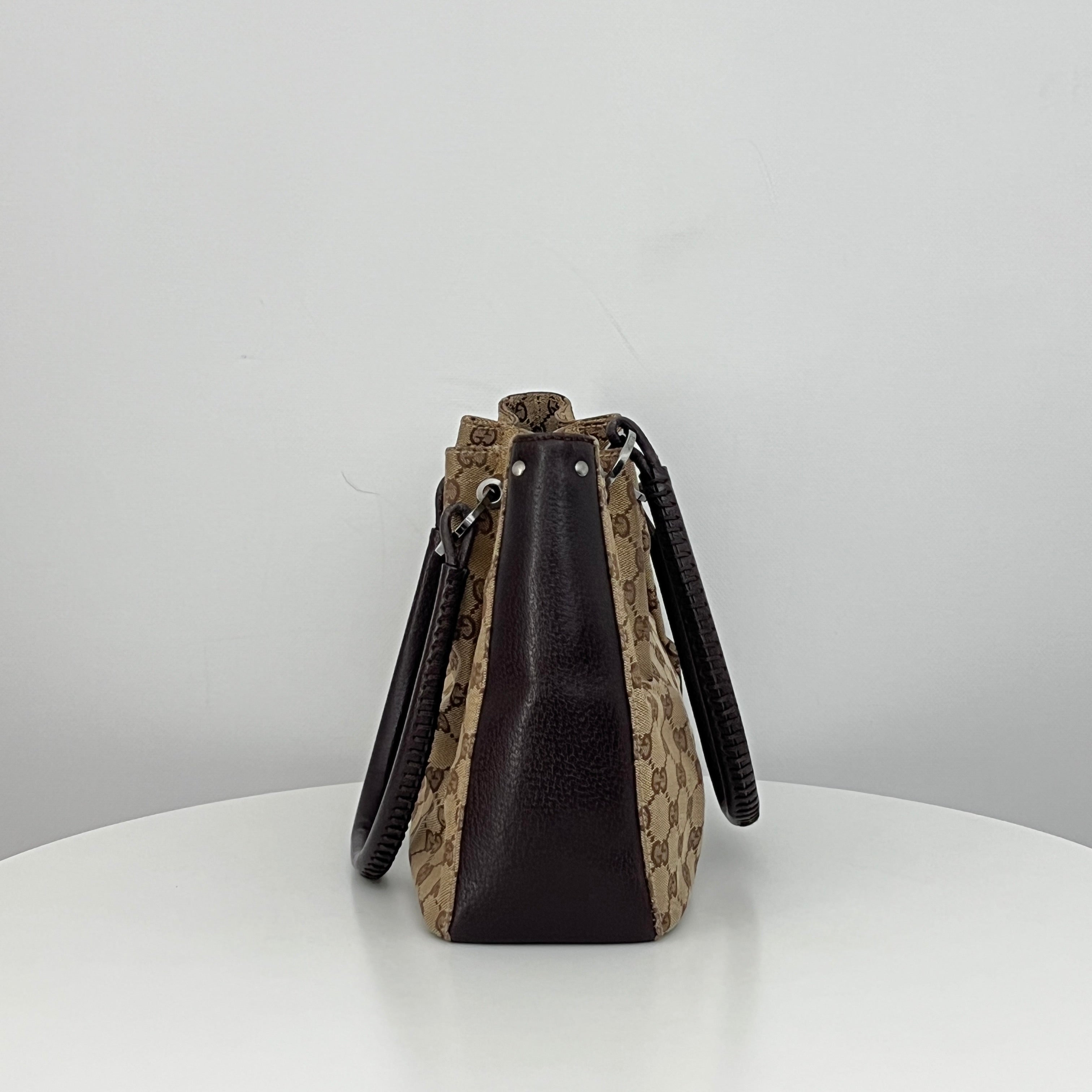 GUCCI Brown Canvas and Leather Hobo Bag