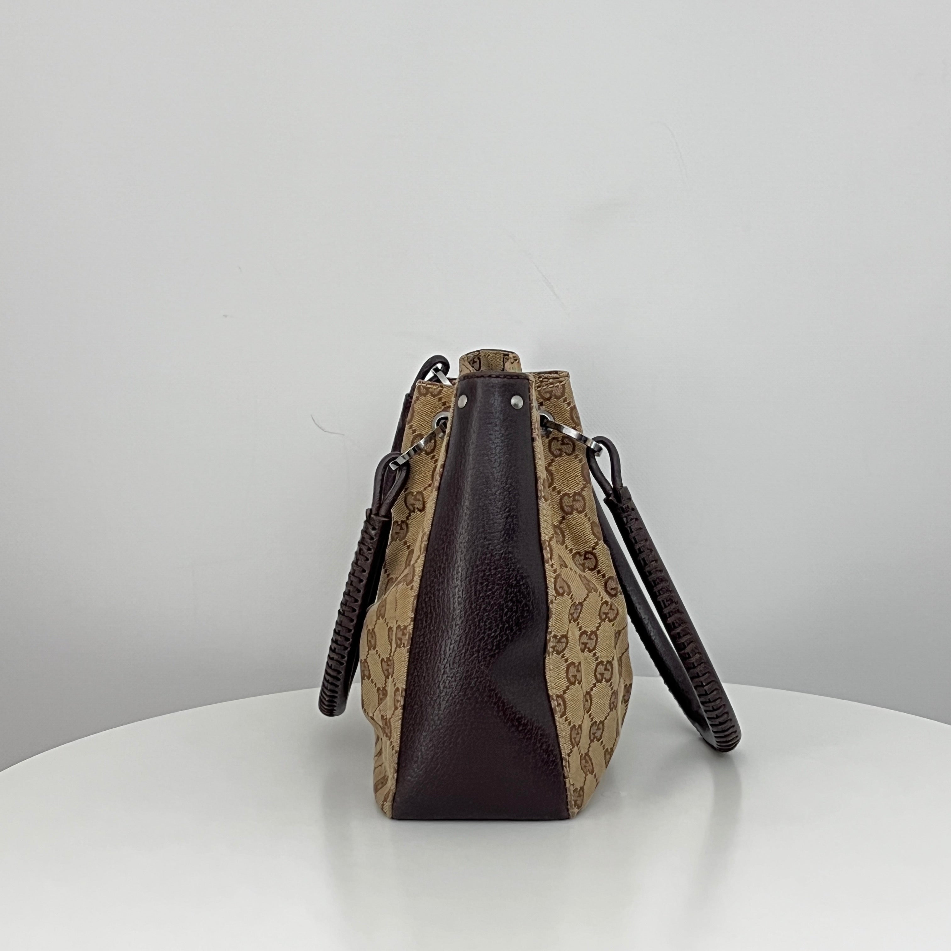 GUCCI Brown Canvas and Leather Hobo Bag