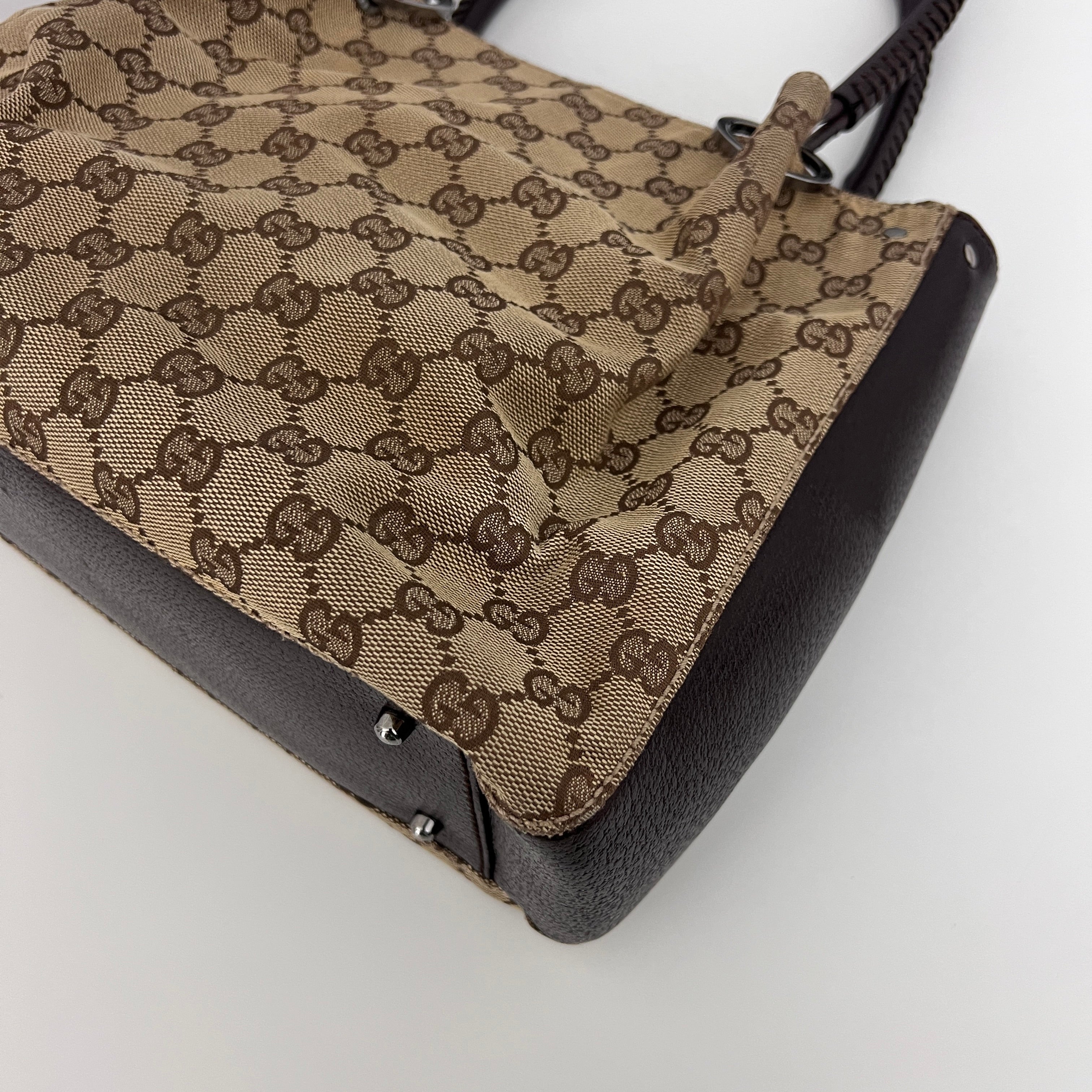 GUCCI Brown Canvas and Leather Hobo Bag