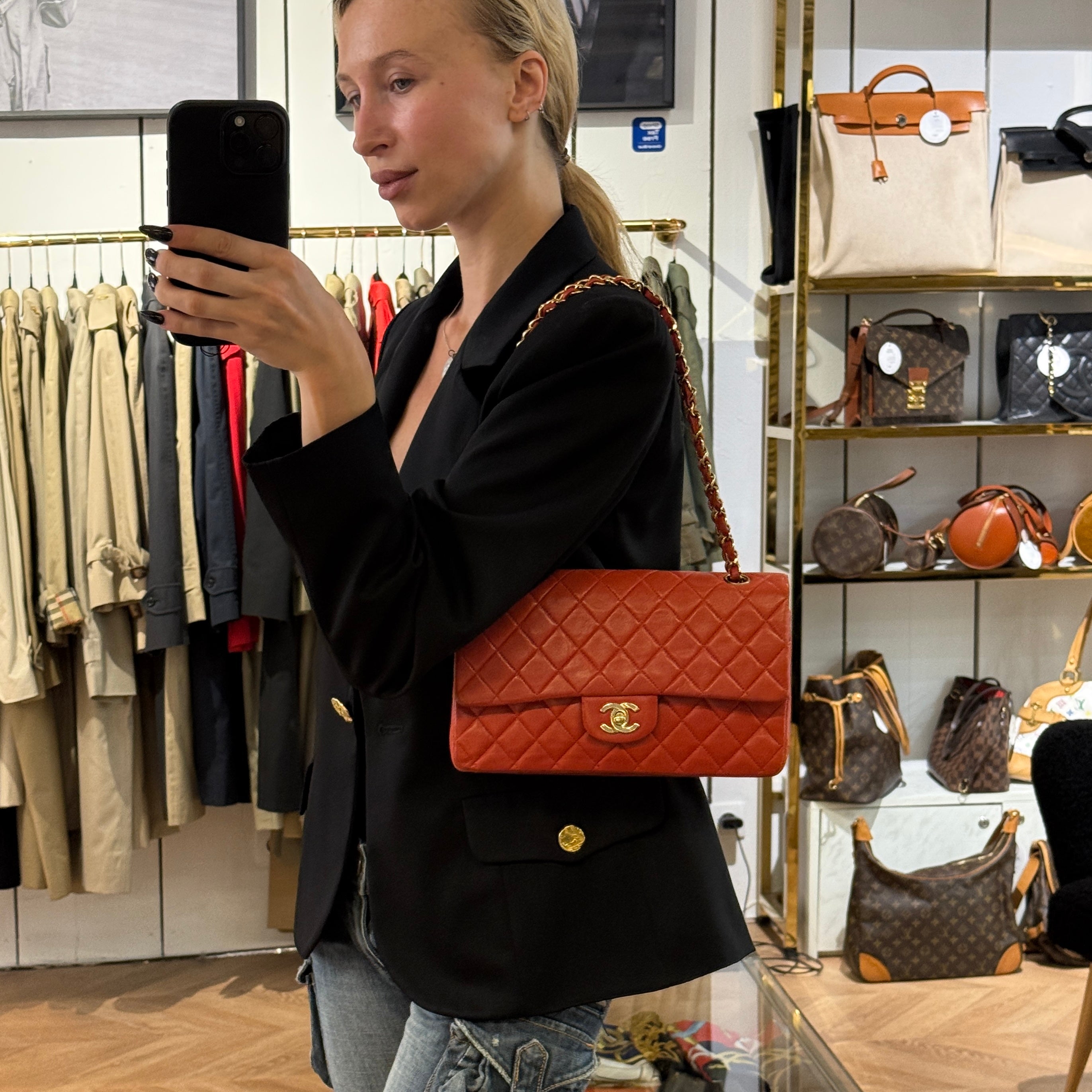 CHANEL Classic 11.12 Medium Shoulder Bag Red Lambskin Vintage 2000-2002