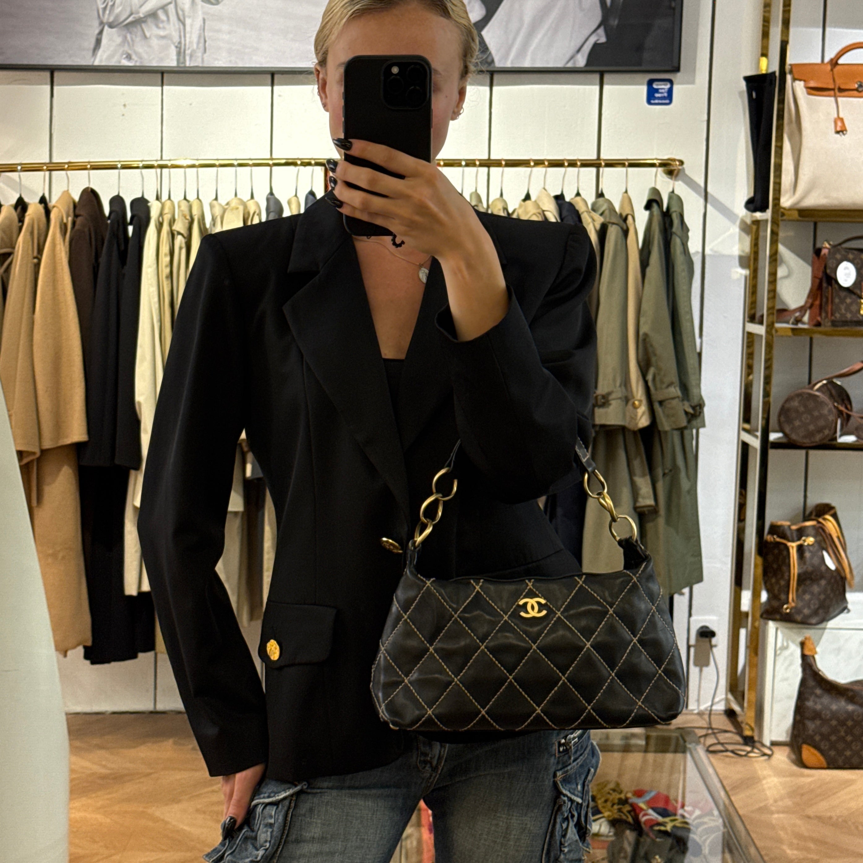 Sac CHANEL Wild Stitch cuir d'agneau noir vintage Circa 1990