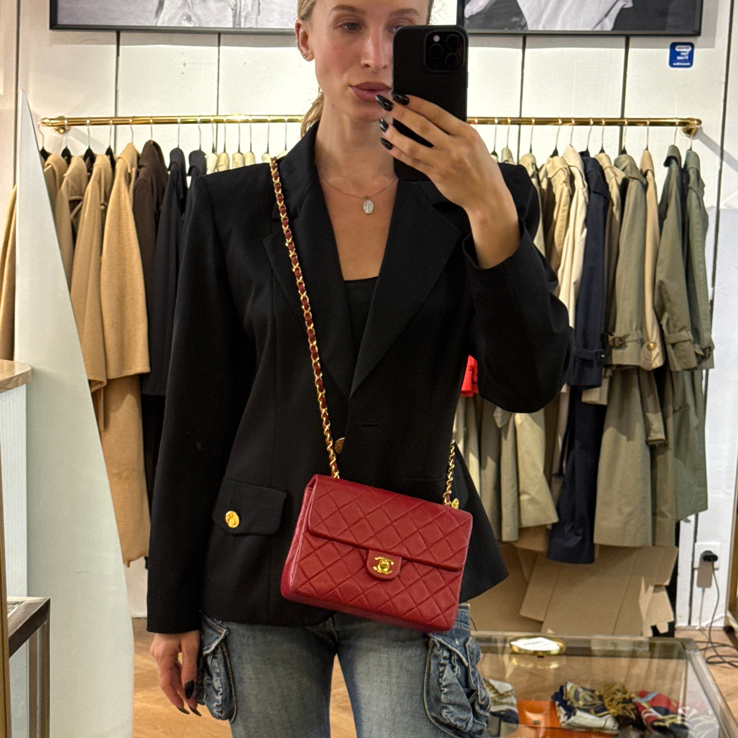 CHANEL Classic Mini Rectangle shoulder bag red lambskin vintage 1989-1991