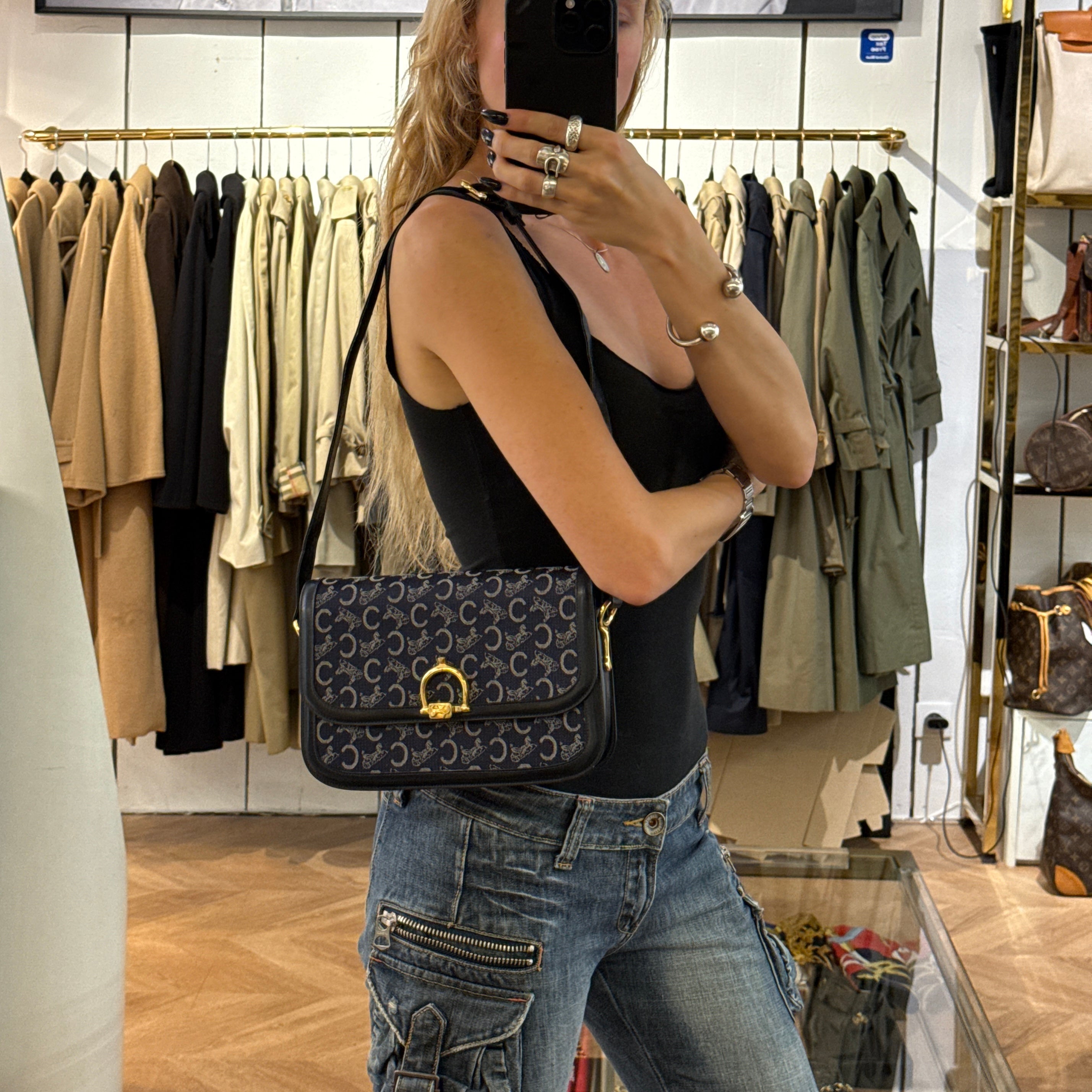 Sac CELINE Triomphe Macadam toile et cuir navy