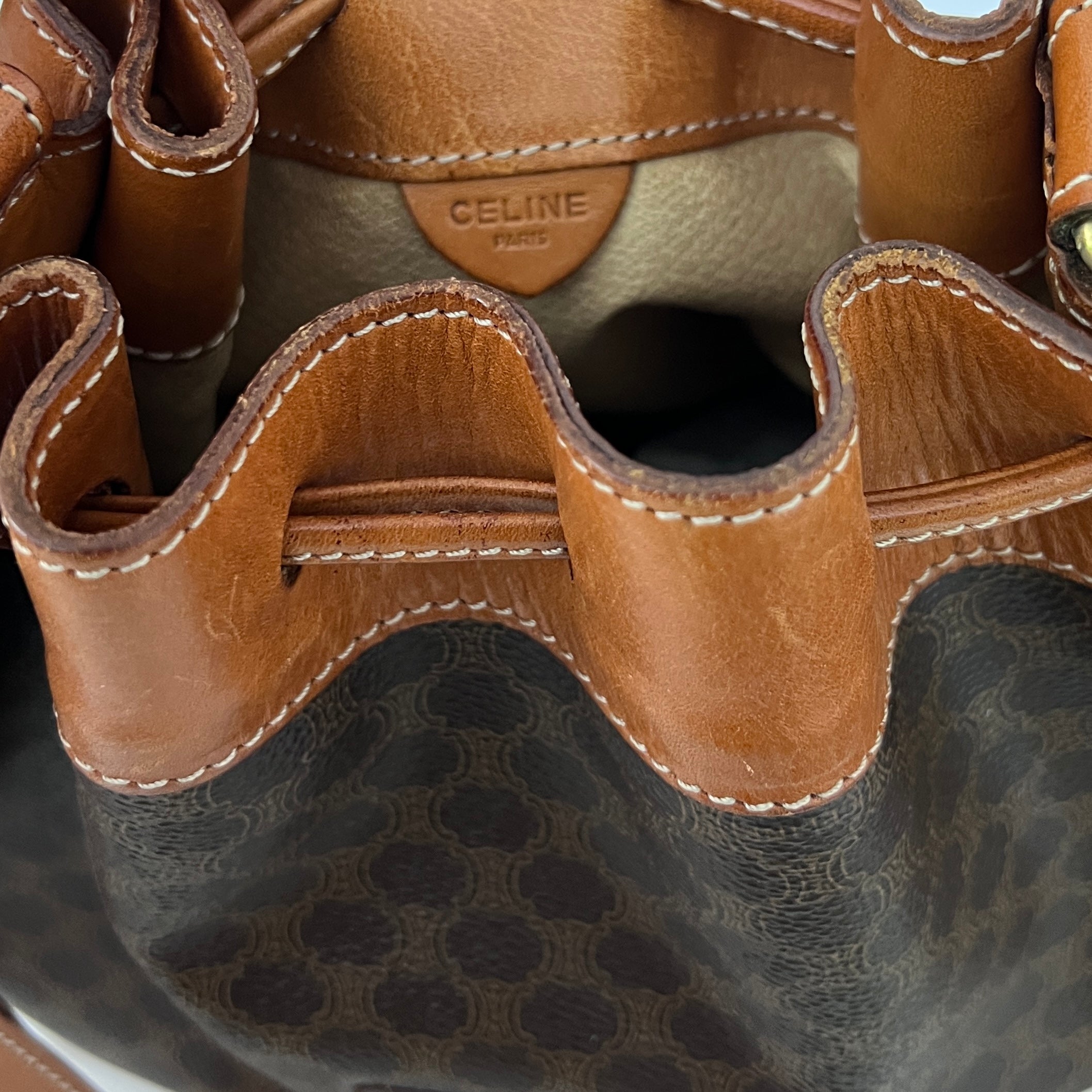 Sac à bandoulière CELINE Seau toile et cuir marron