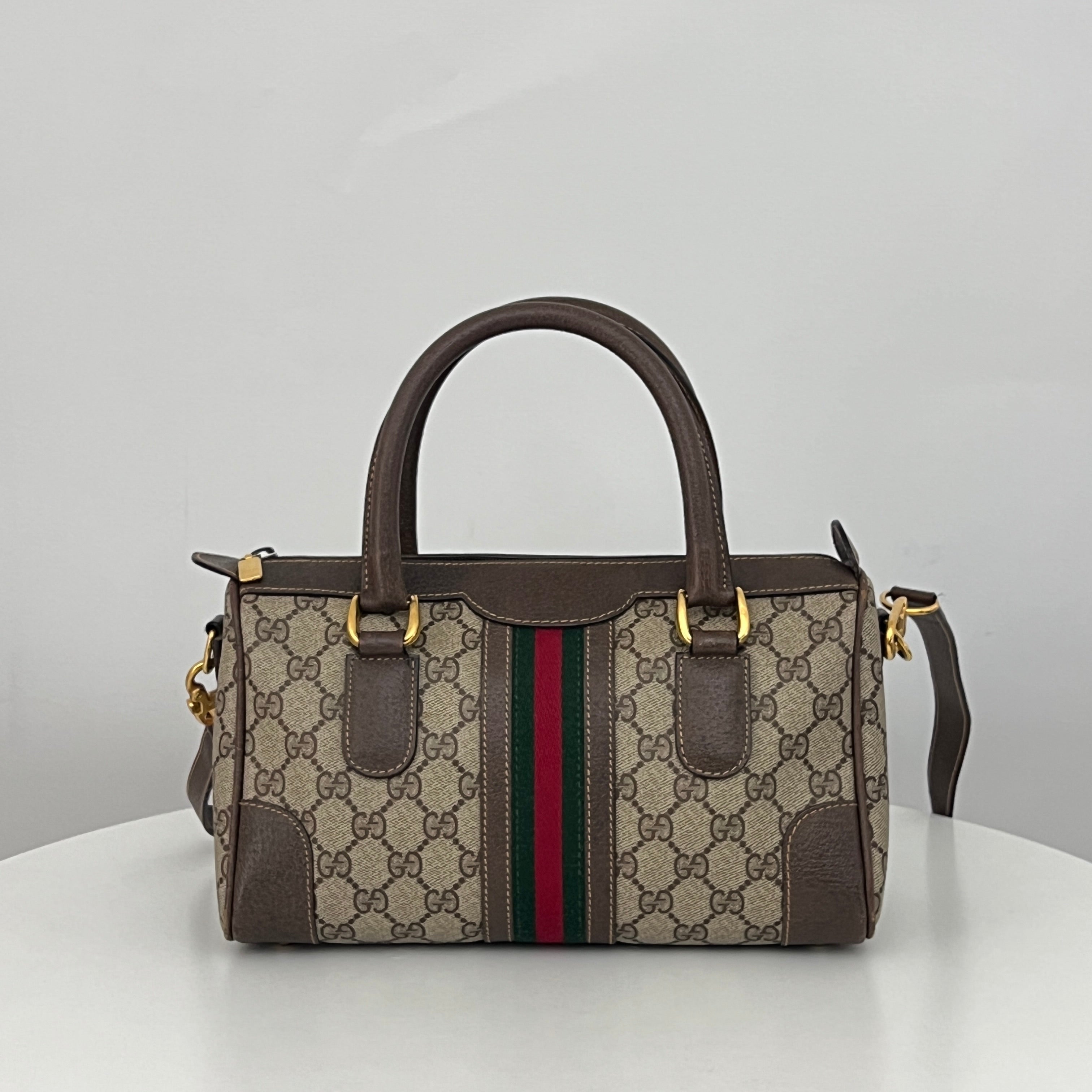 Sac à bandoulière GUCCI Boston GG toile et cuir marron