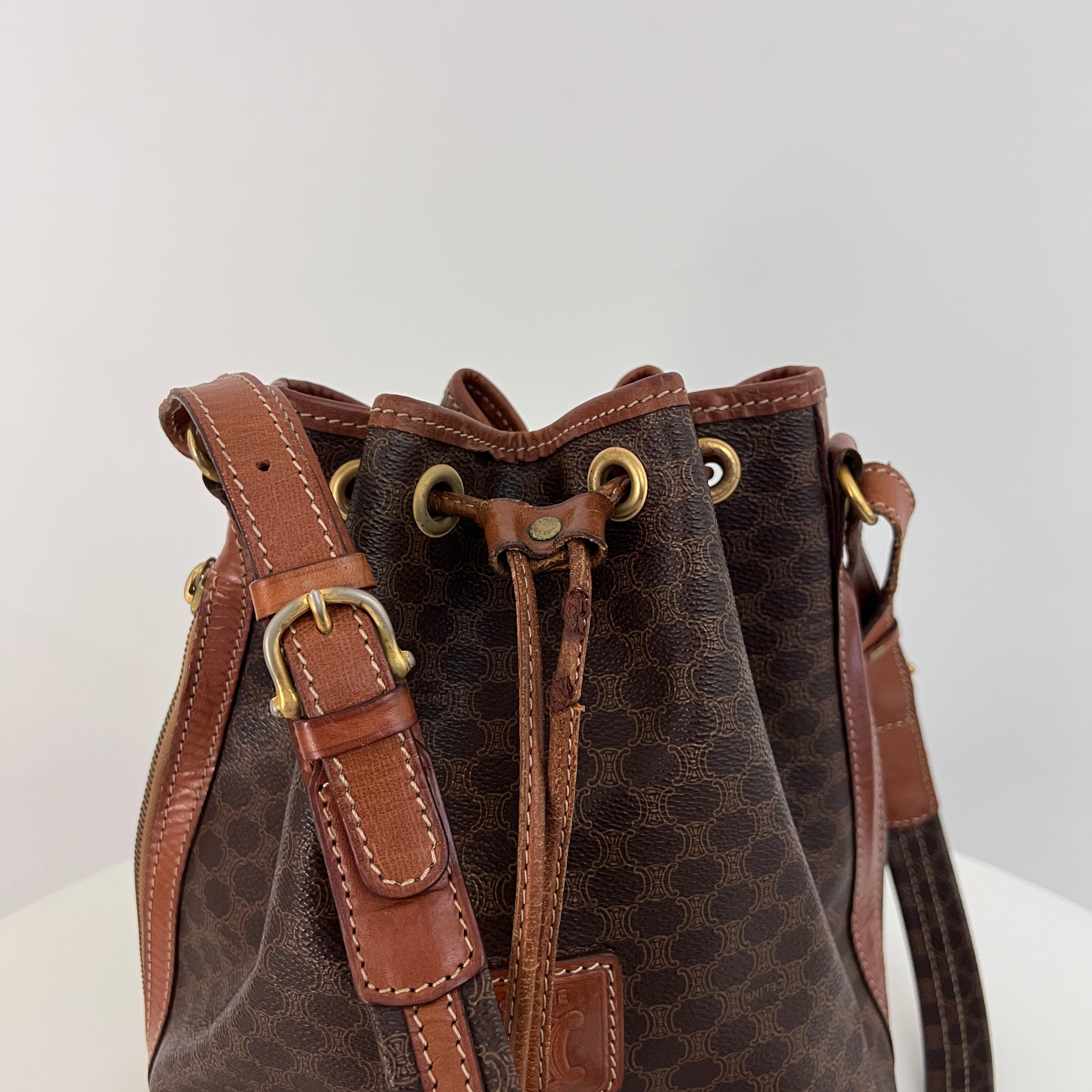 Sac CELINE Seau Petit toile et cuir marron