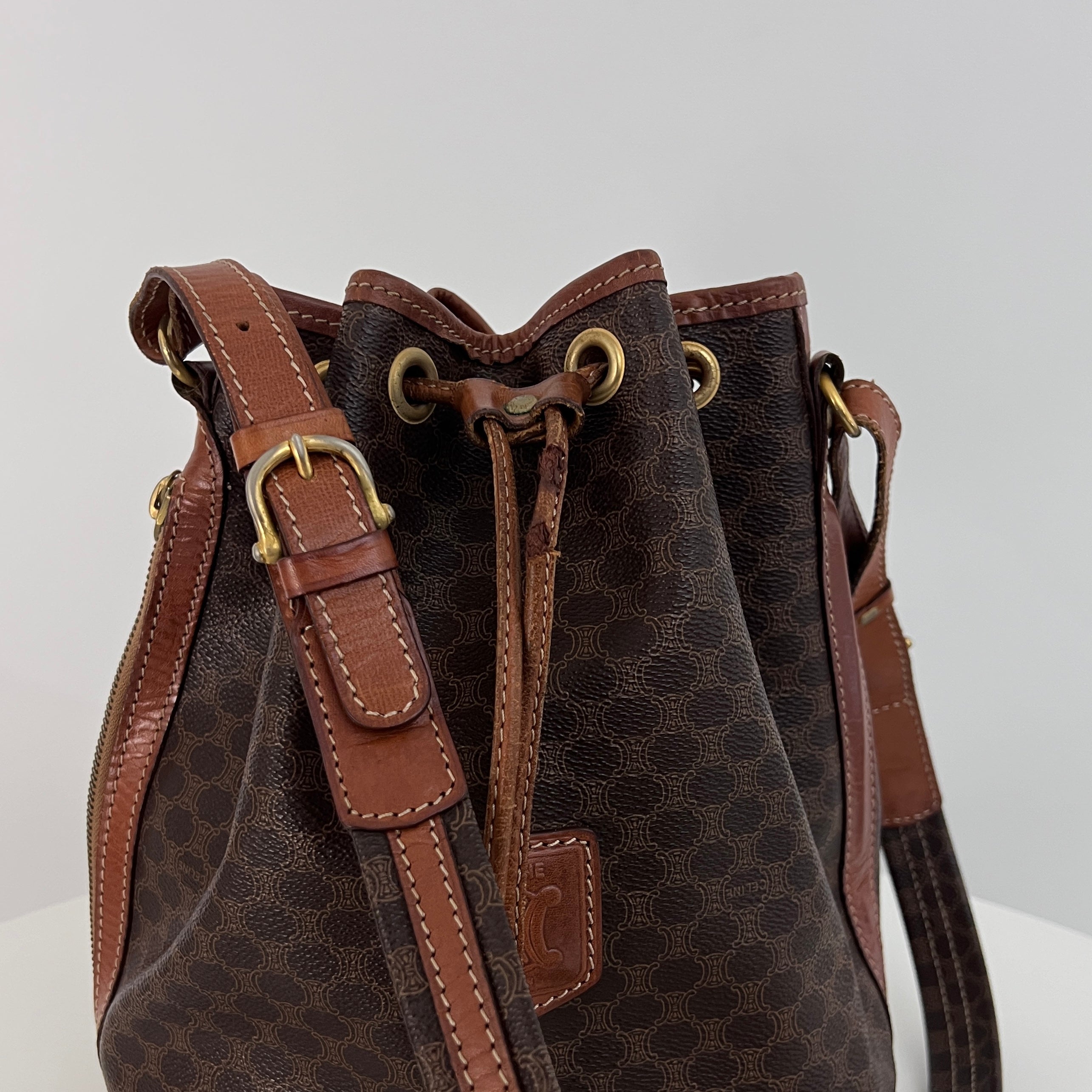 Sac CELINE Seau Petit toile et cuir marron