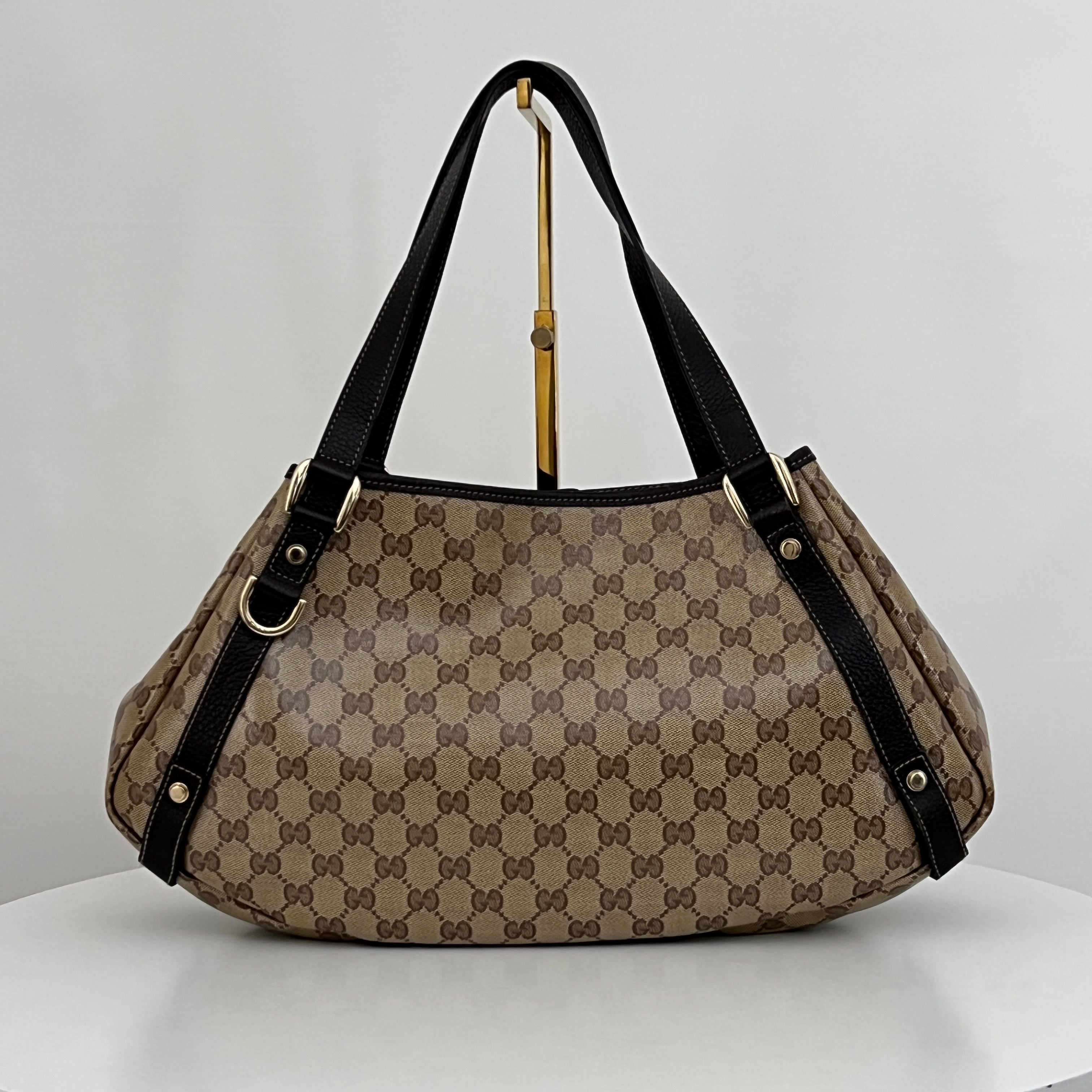 GUCCI Pelham bag in patent canvas and brown leather