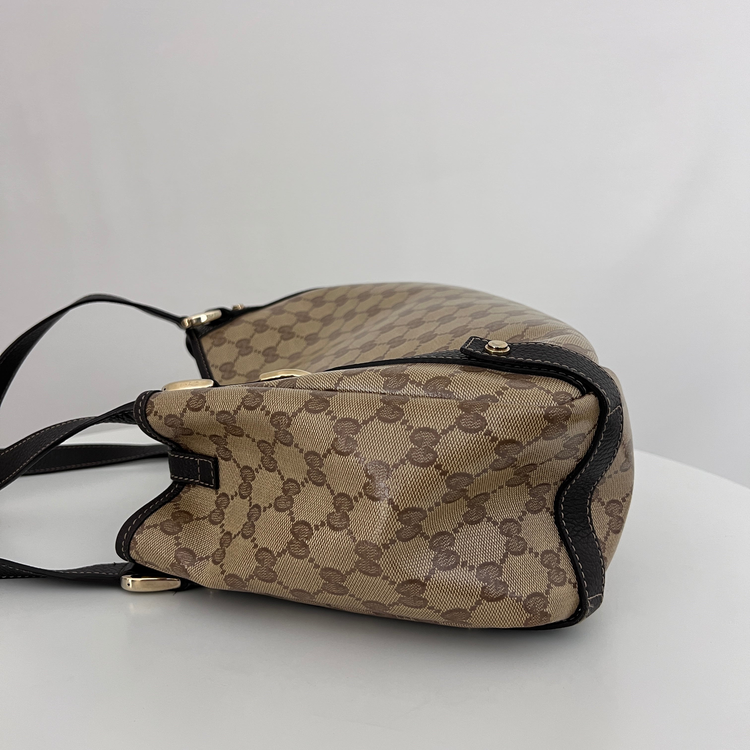 GUCCI Pelham bag in patent canvas and brown leather