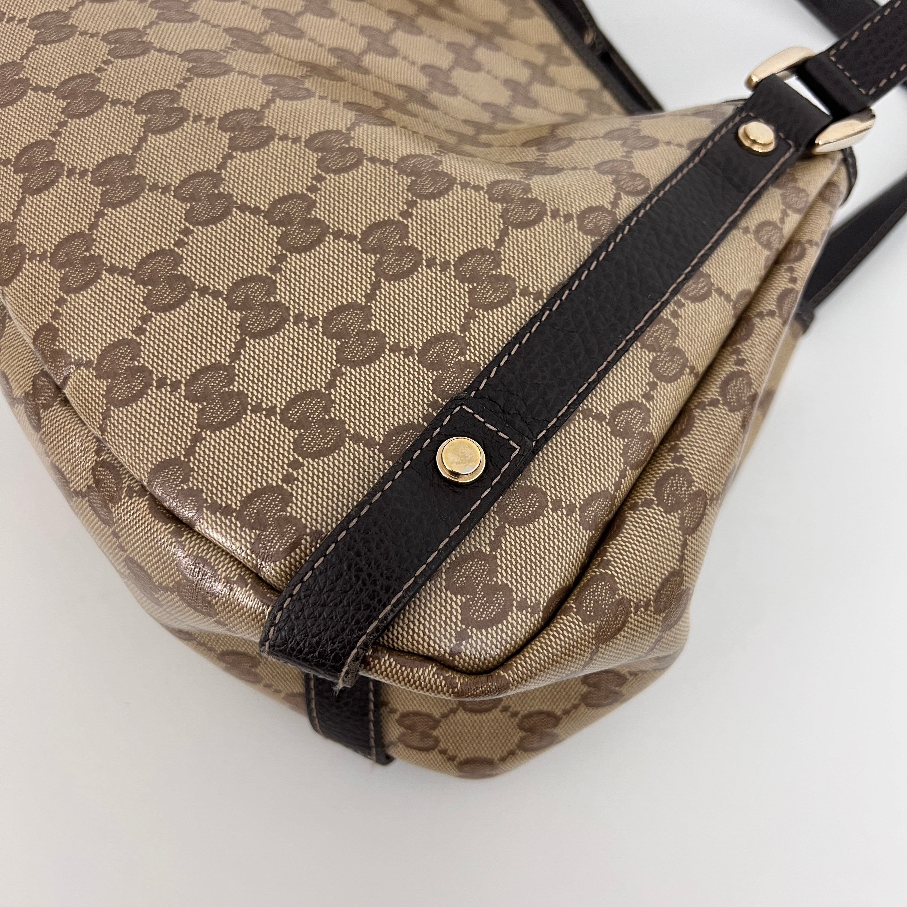 GUCCI Pelham bag in patent canvas and brown leather