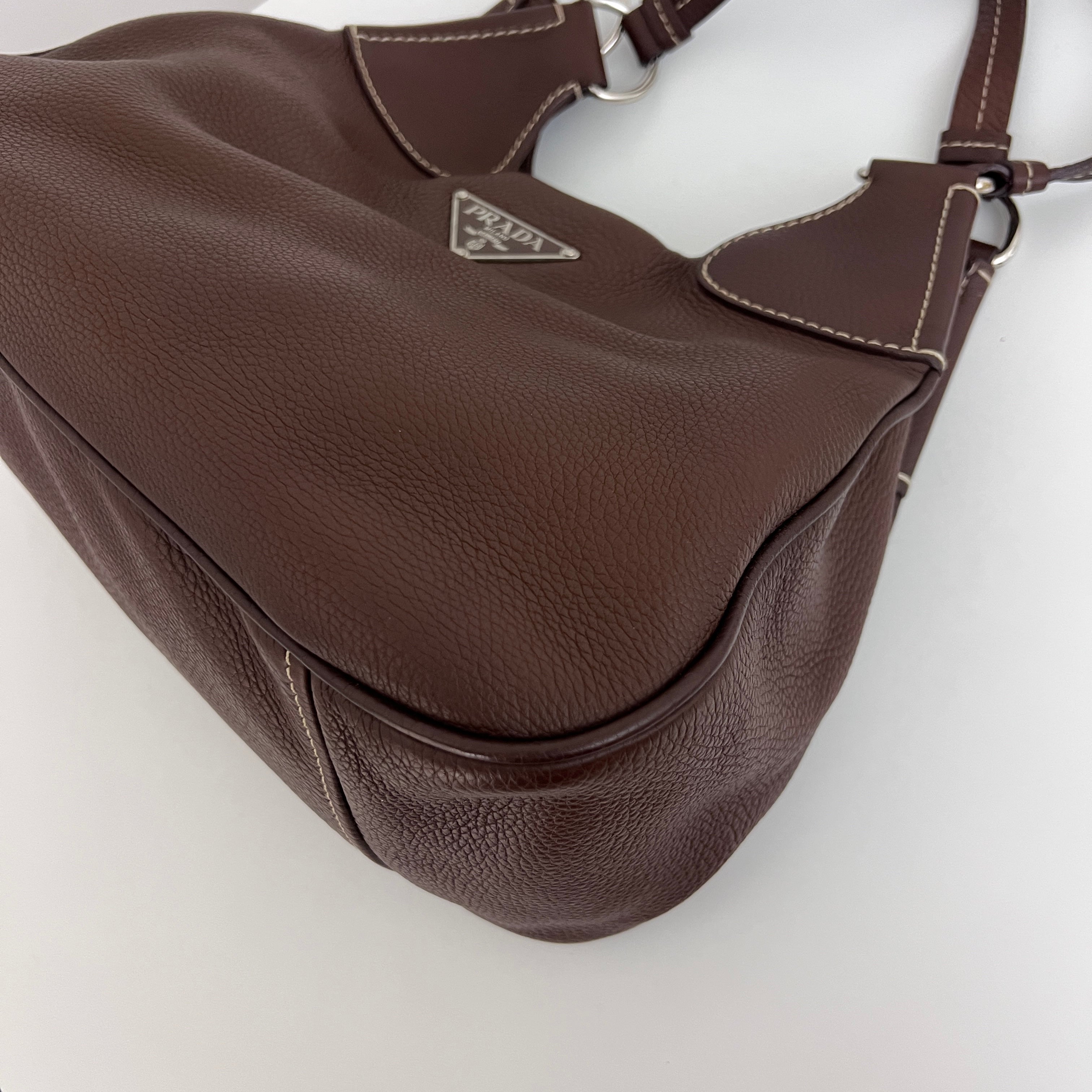 Sac PRADA Vitello Daino Moon cuir grainé marron