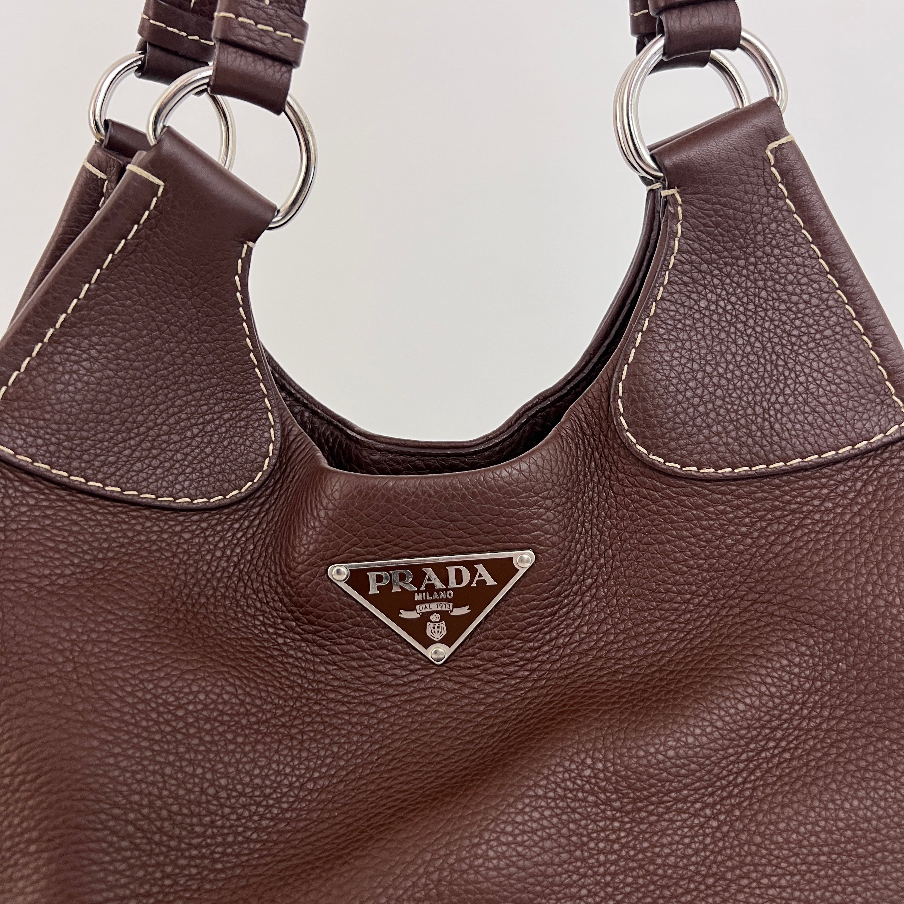 Sac PRADA Vitello Daino Moon cuir grainé marron