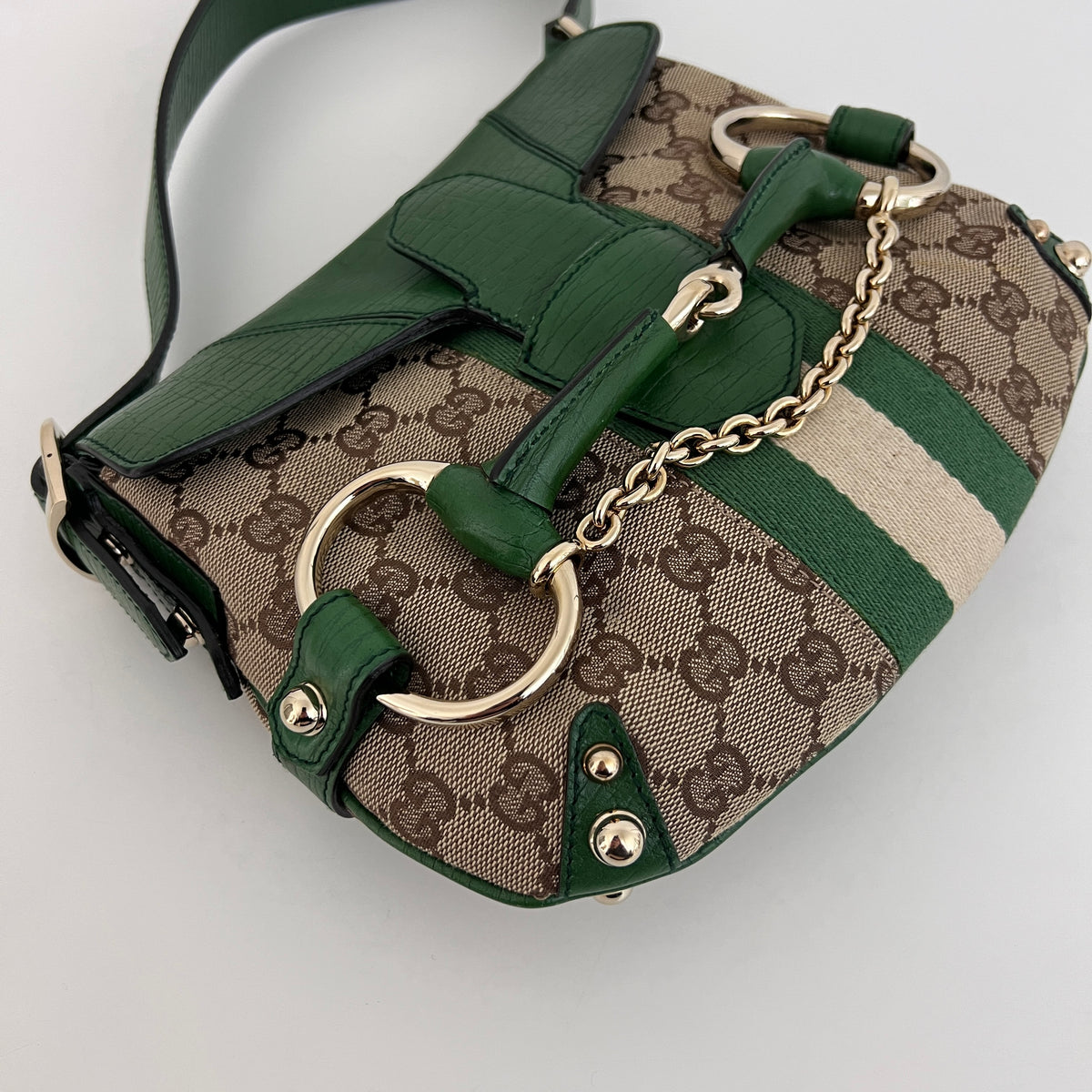 Sac GUCCI Horsebit toile et cuir vert
