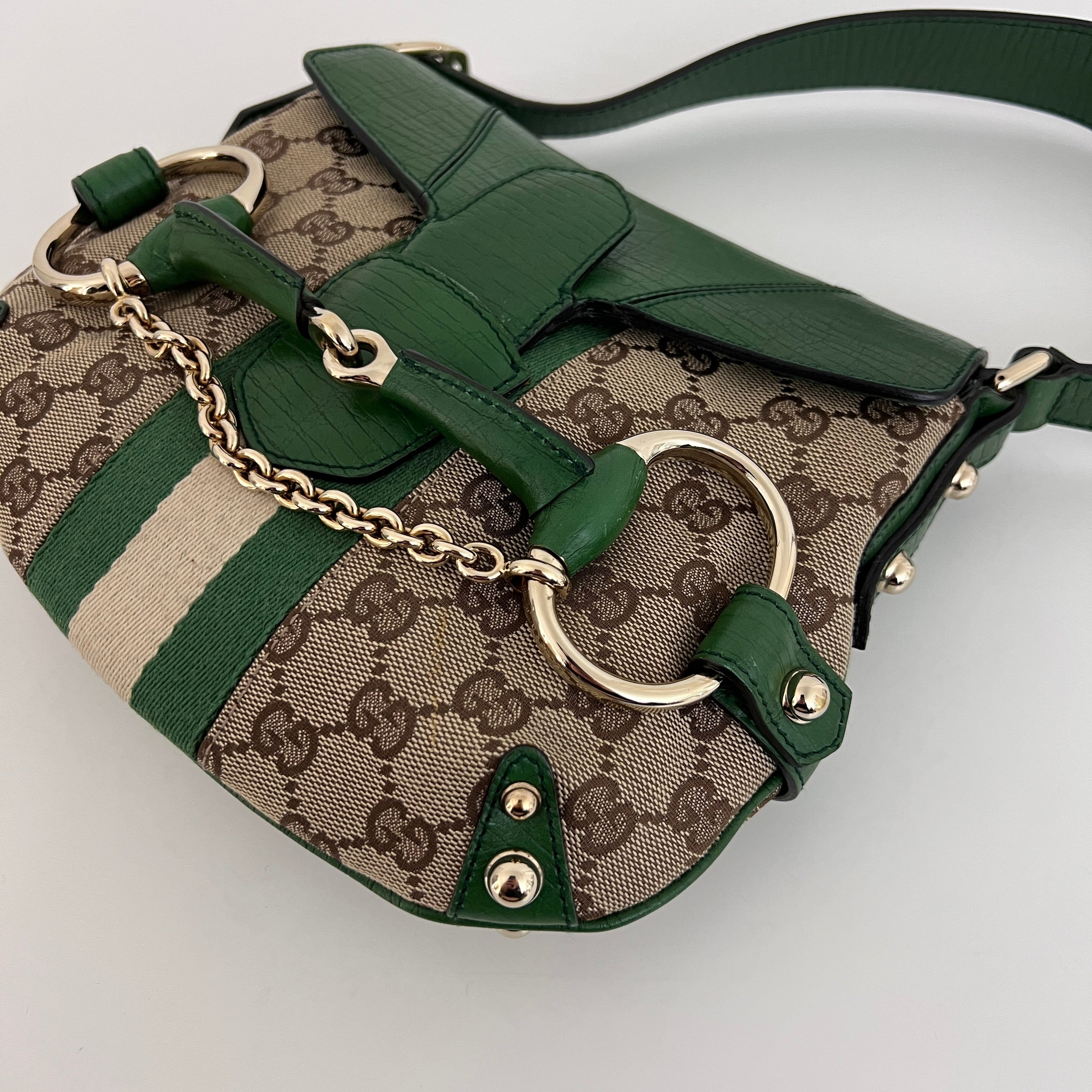 Sac GUCCI Horsebit toile et cuir vert