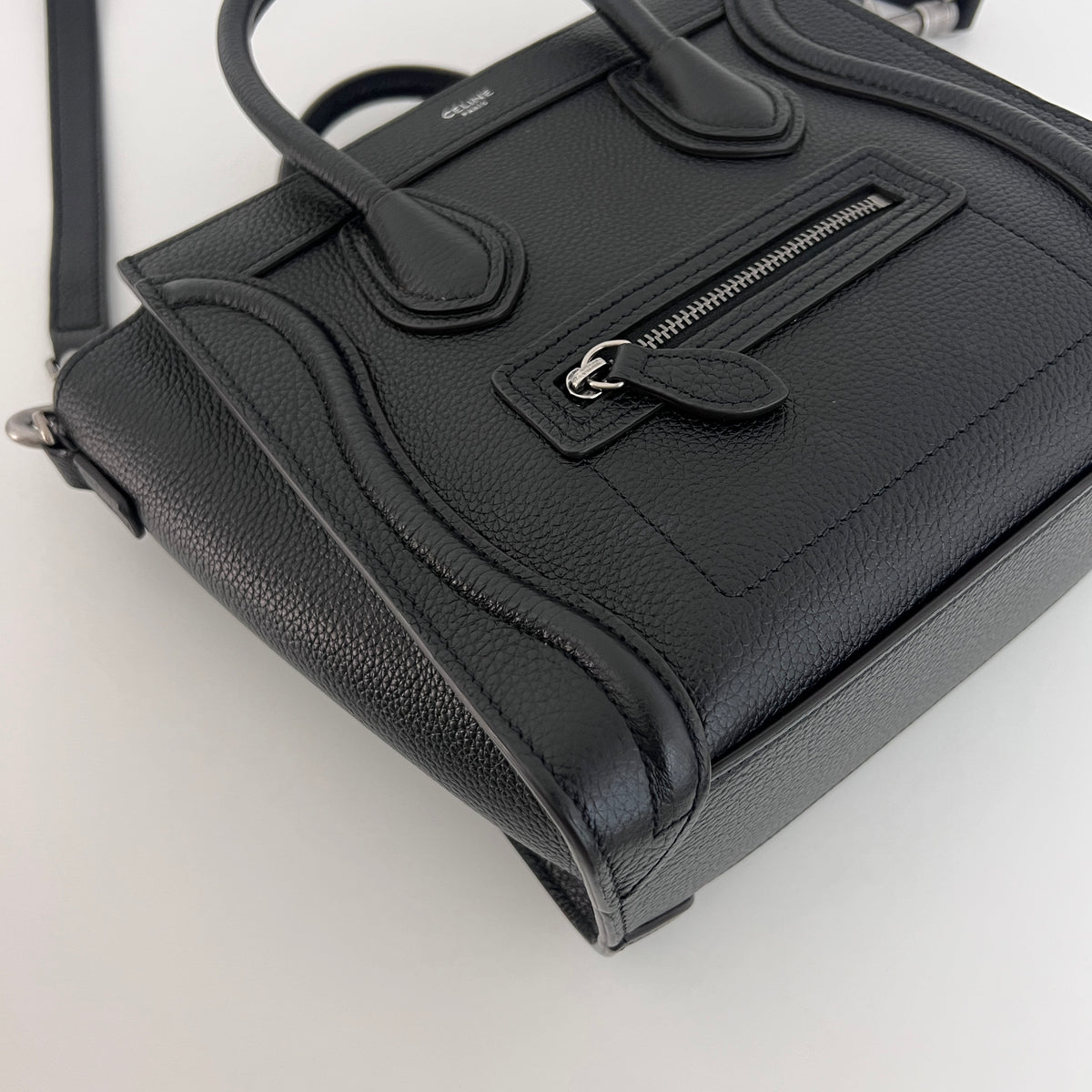 CELINE Nano Luggage shoulder bag in black grained leather