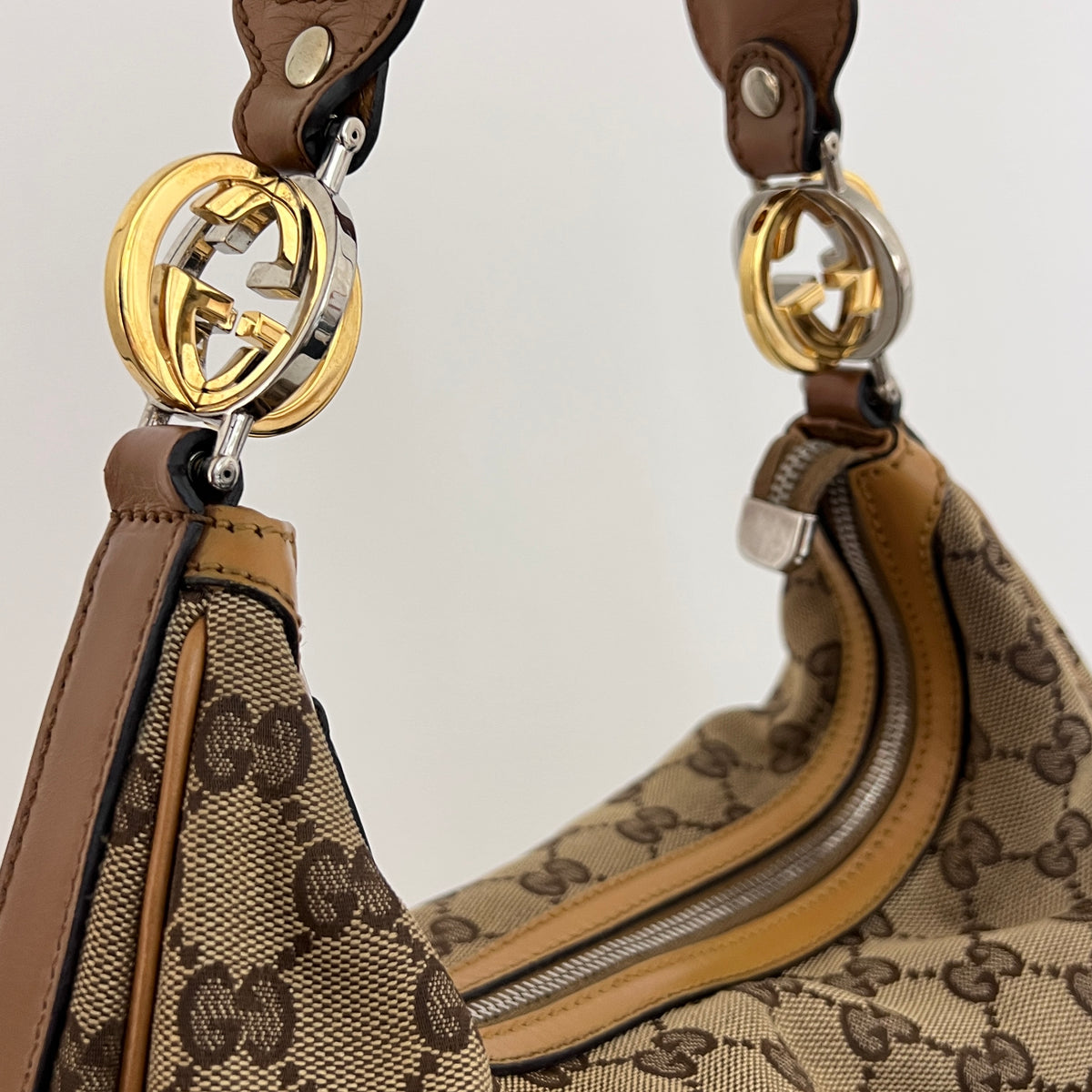 GUCCI Twins GG canvas and brown leather hobo bag