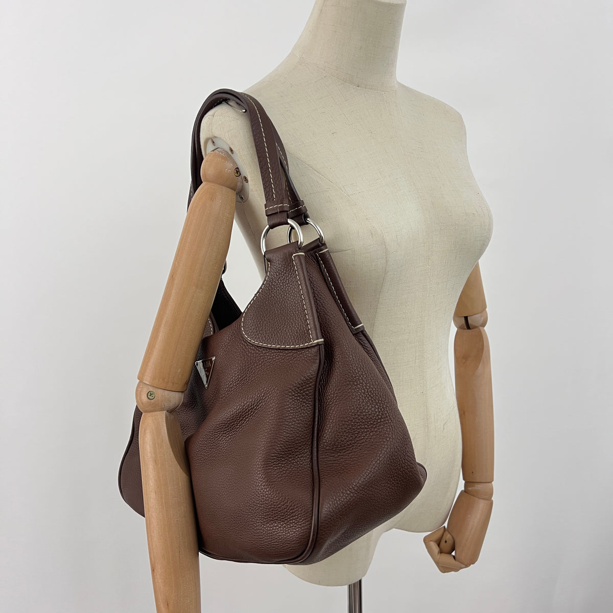 Sac PRADA Vitello Daino Moon cuir grainé marron