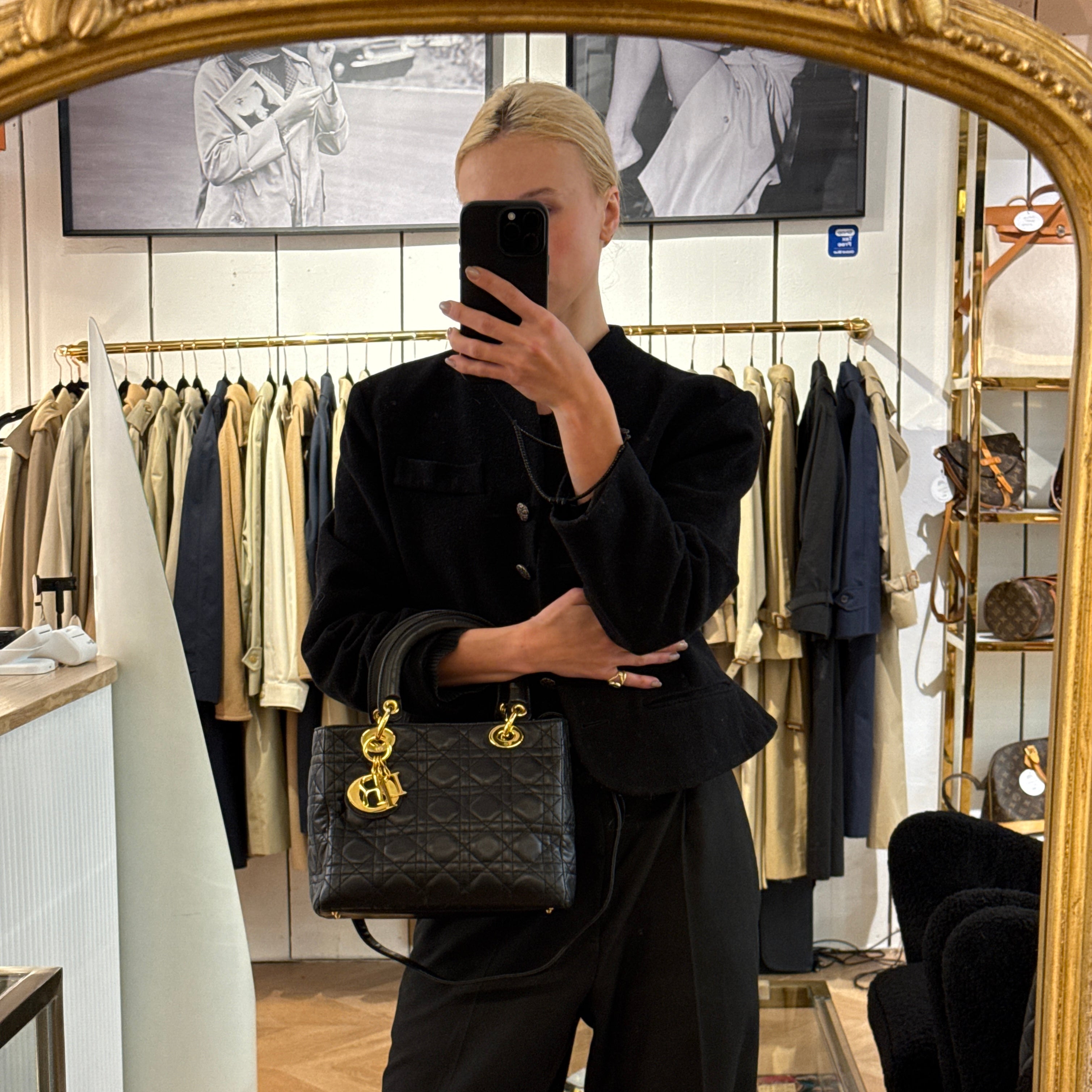 DIOR Lady Dior Medium black lambskin shoulder bag