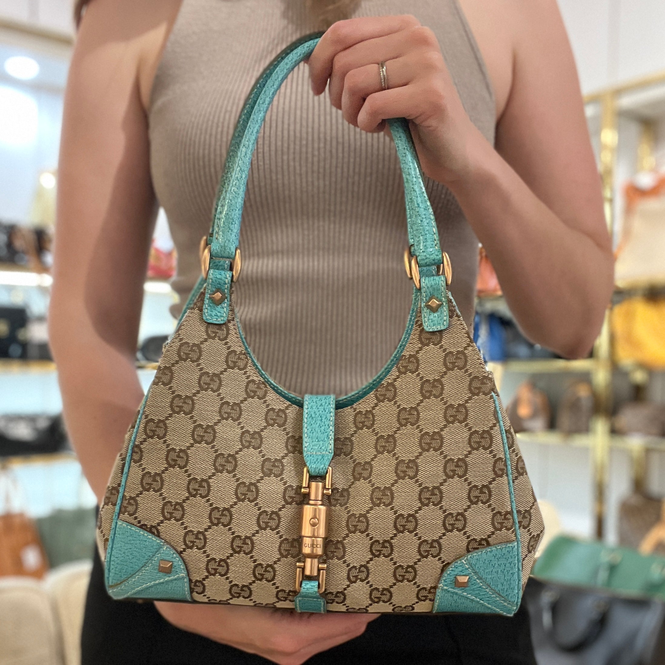 Sac à main GUCCI Jackie toile et cuir bleu