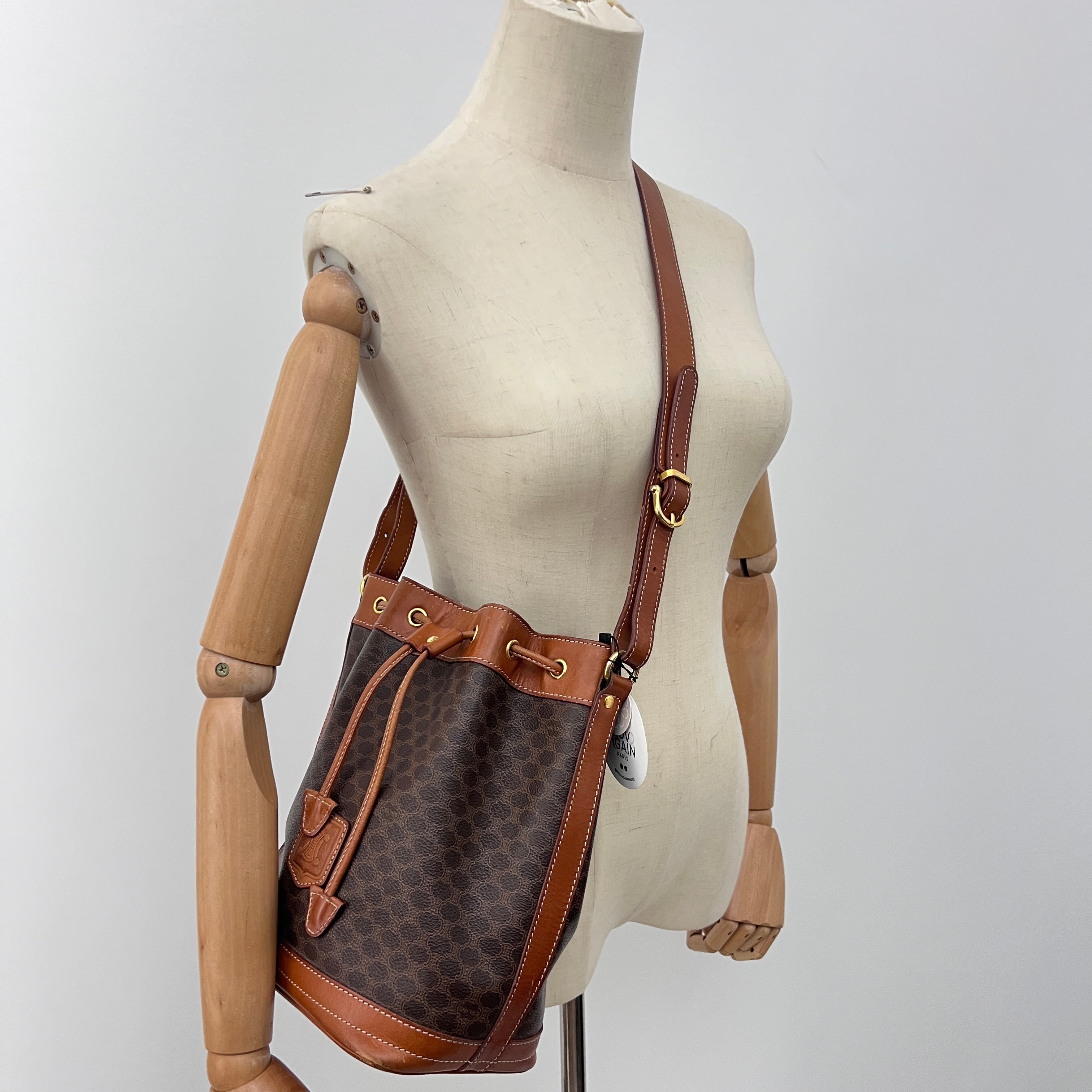 Sac à bandoulière CELINE Seau Petit toile et cuir marron