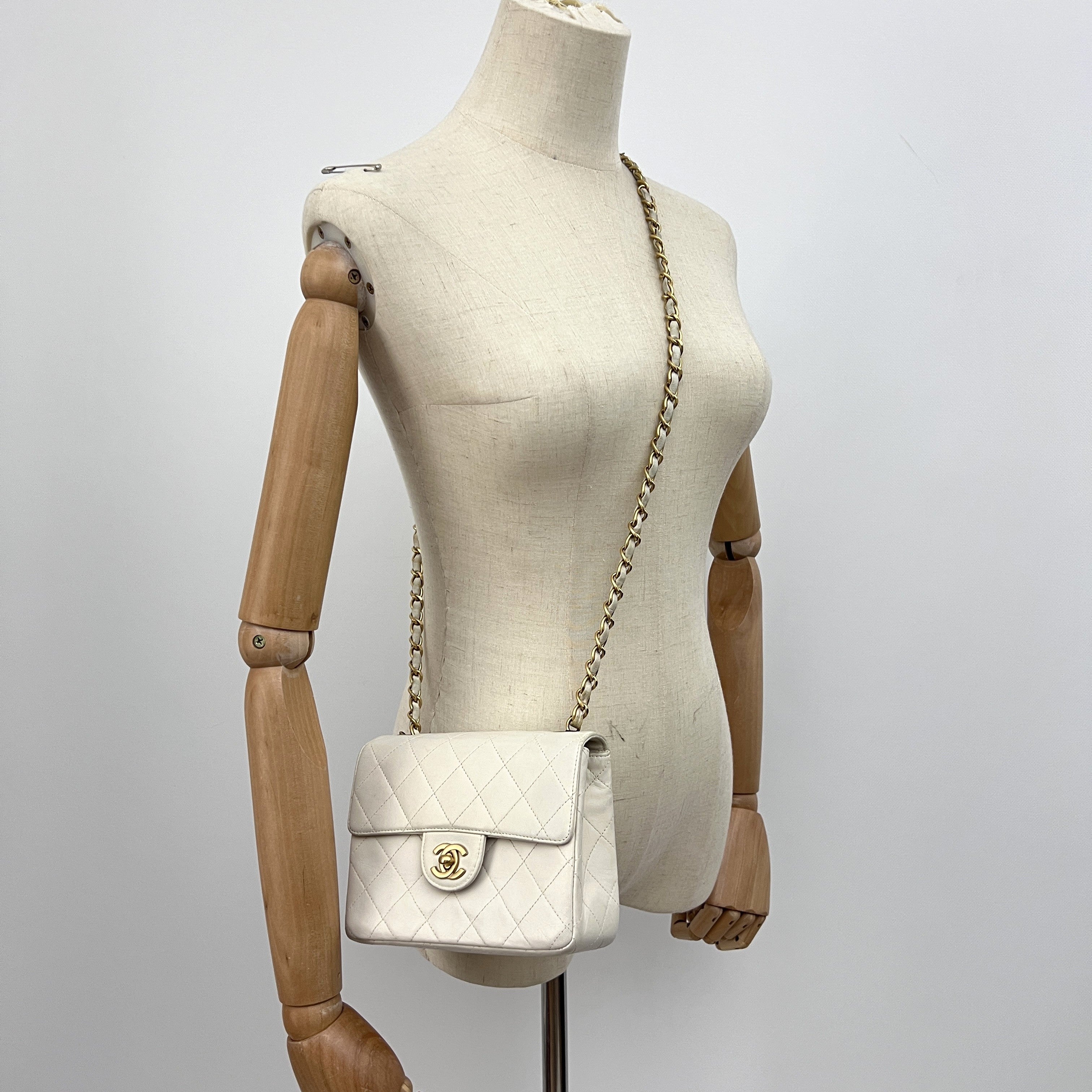 CHANEL Classic Mini Square Flap Shoulder Bag Beige Lambskin